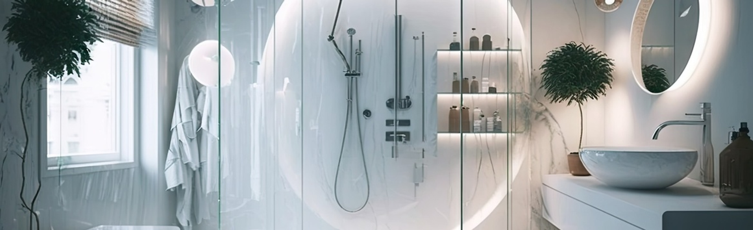 White bathroom with futuristic elements and a niche shower cabin