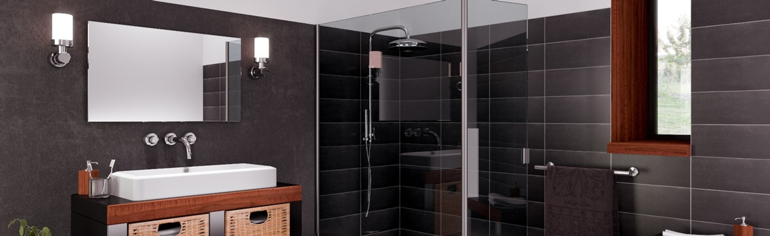 Black bathroom with mahagoni wood elements