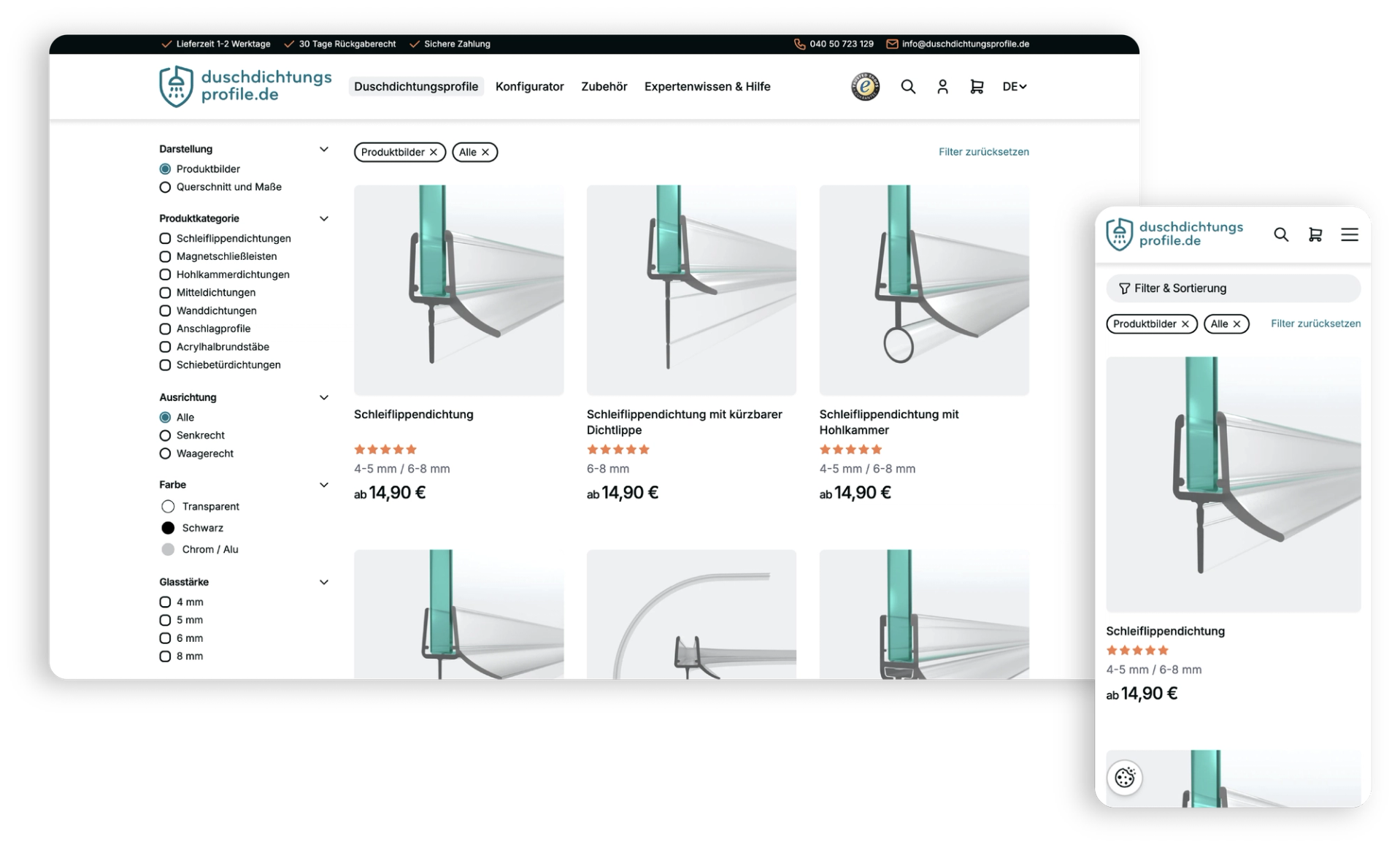 Desktop and mobile view of a shower seal shop