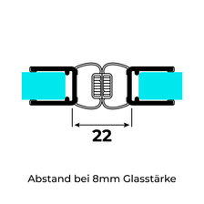 Technische Zeichnung zweier Magnetschließleisten für 6-8mm Glasstärke auf 8mm-Glas im 180°-Winkel