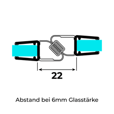 Technische Zeichnung zweier Magnetschließleisten für 6-8mm Glasstärke auf 6mm-Glas im 180°-Winkel
