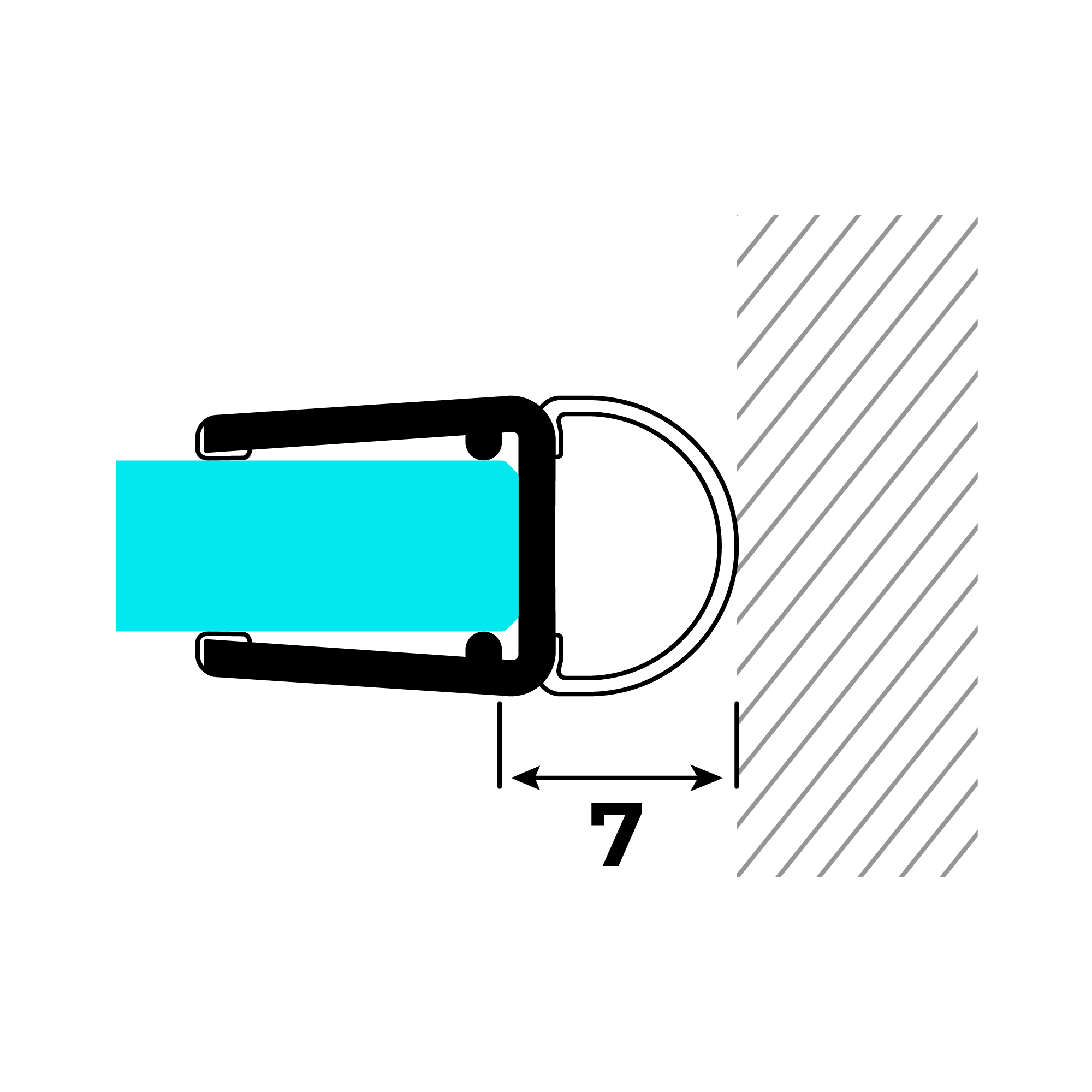 Technical drawing of a hollow-chamber seal on glass against a wall