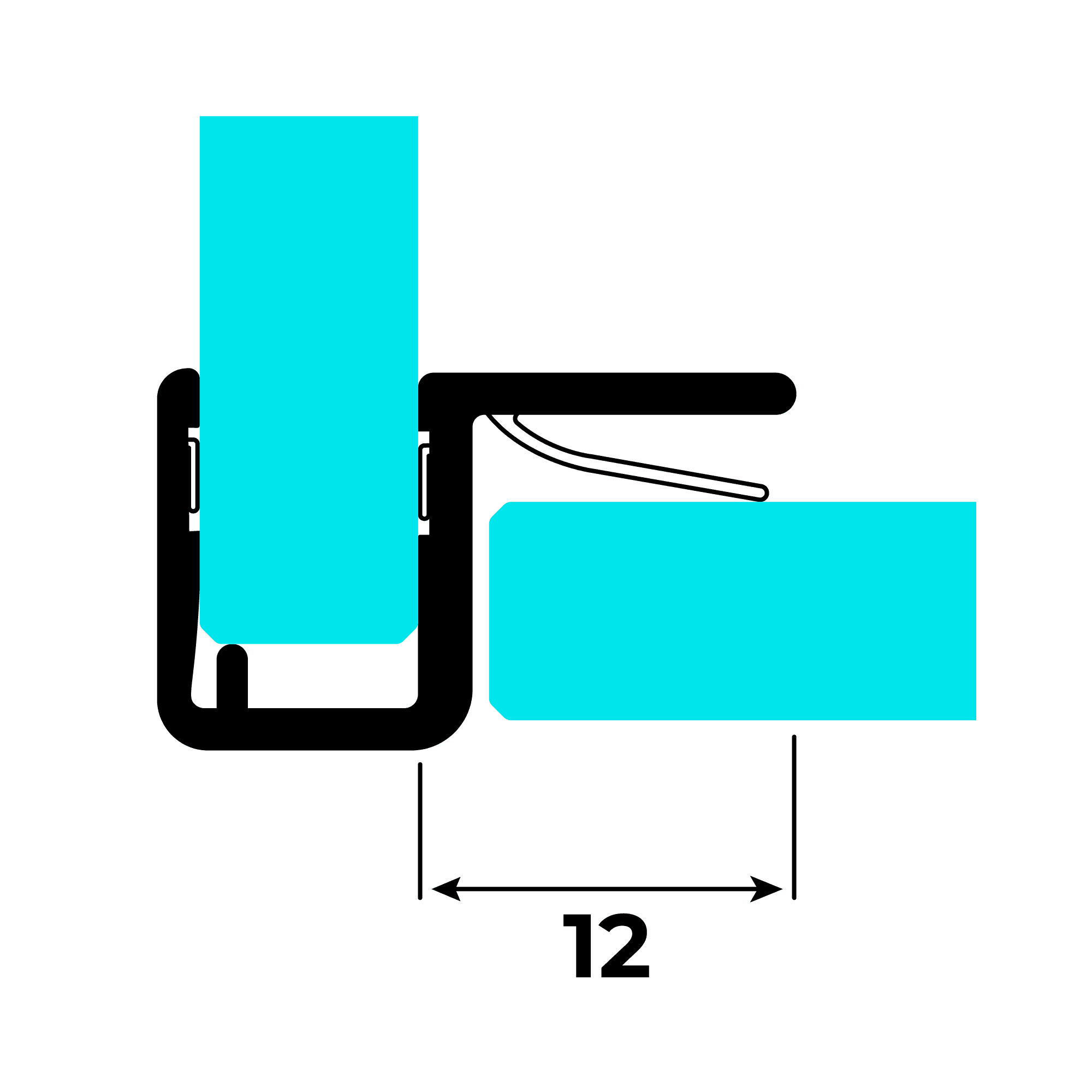 Technical drawing of a corner strike profile for 6-8mm glass thickness on glass