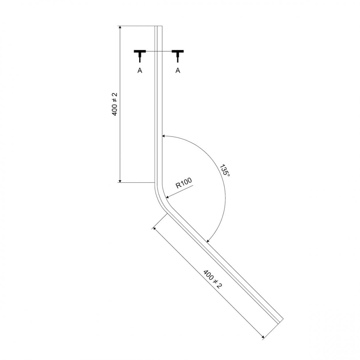 Technical drawing of a pre-curved 135° sweep seal for 6-8mm glass thickness