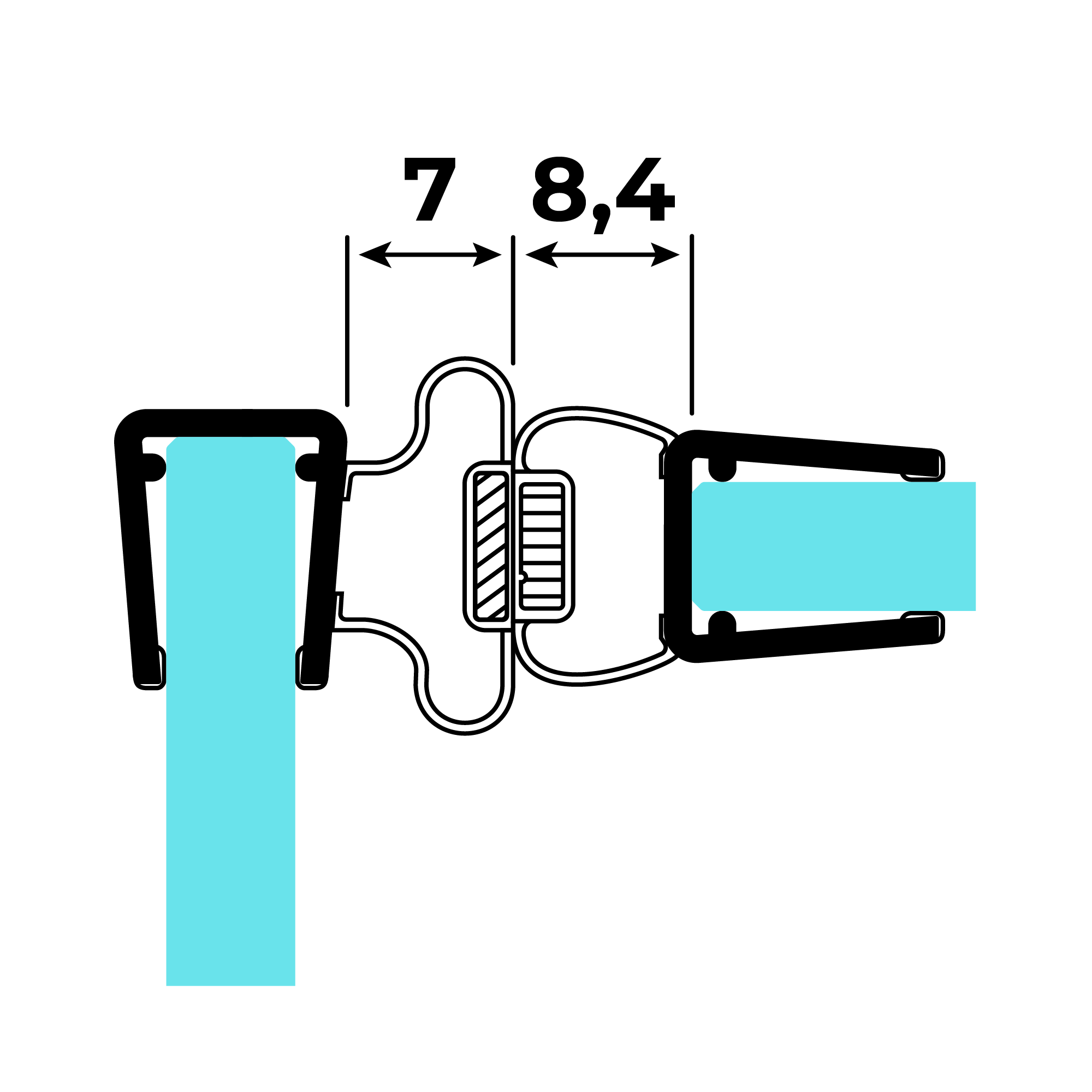 Technical drawing of two magnetic seals for pivot fittings for 6-8mm glass thickness on glass at a 90° angle