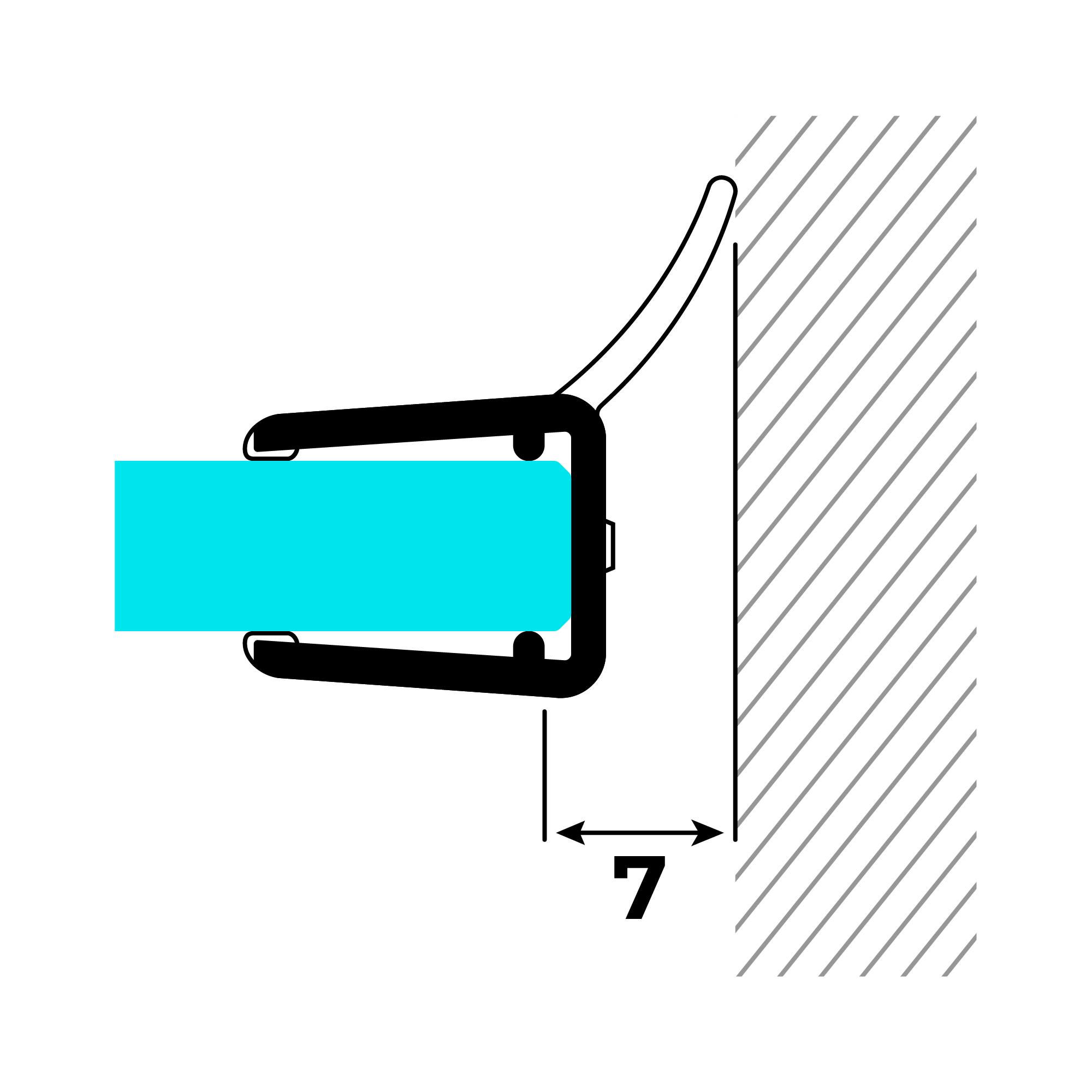 Technical drawing of a wall seal on glass against a wall