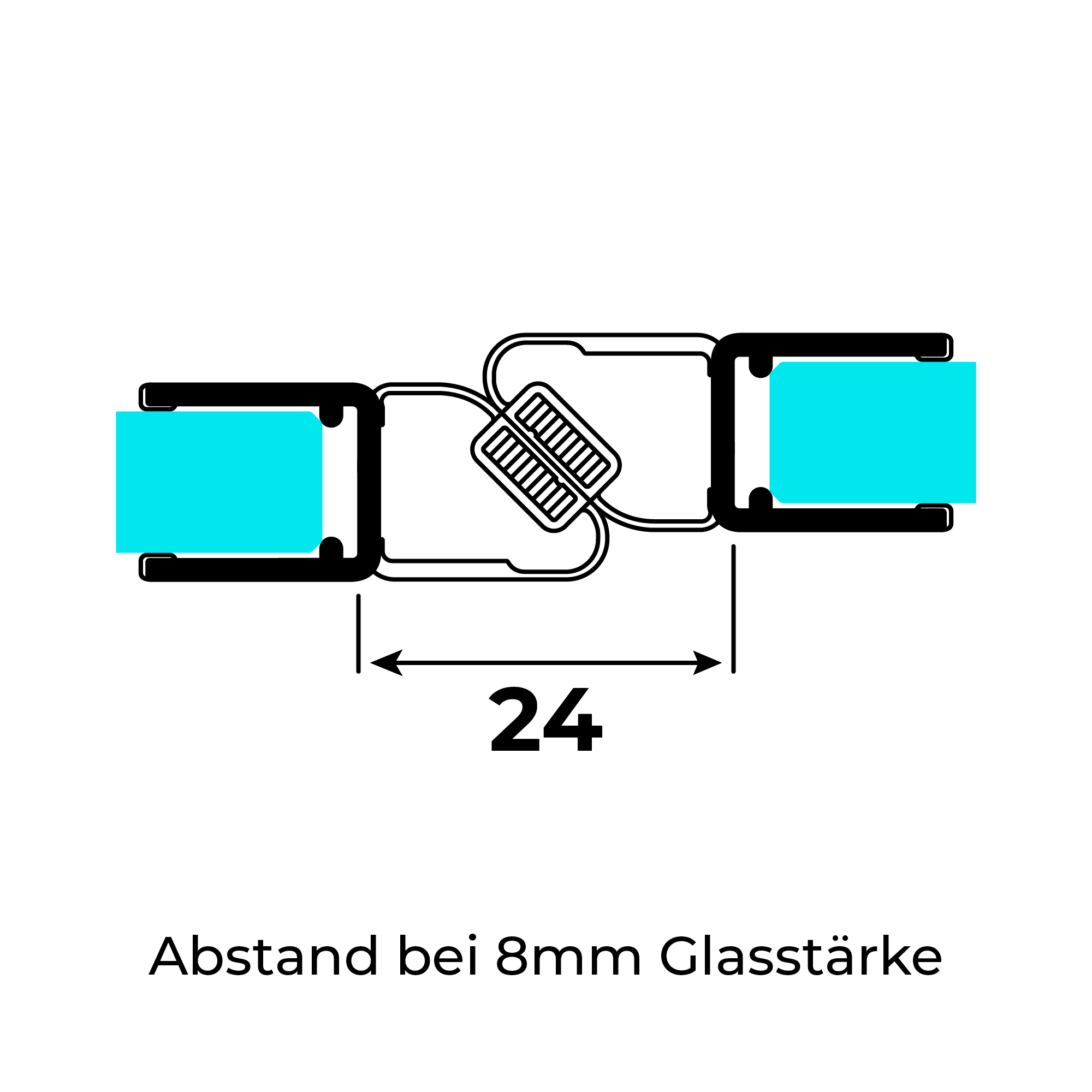 Technical drawing of two offset 180° magnetic seals for 6-8mm glass thickness on 8mm glass at a 180° angle