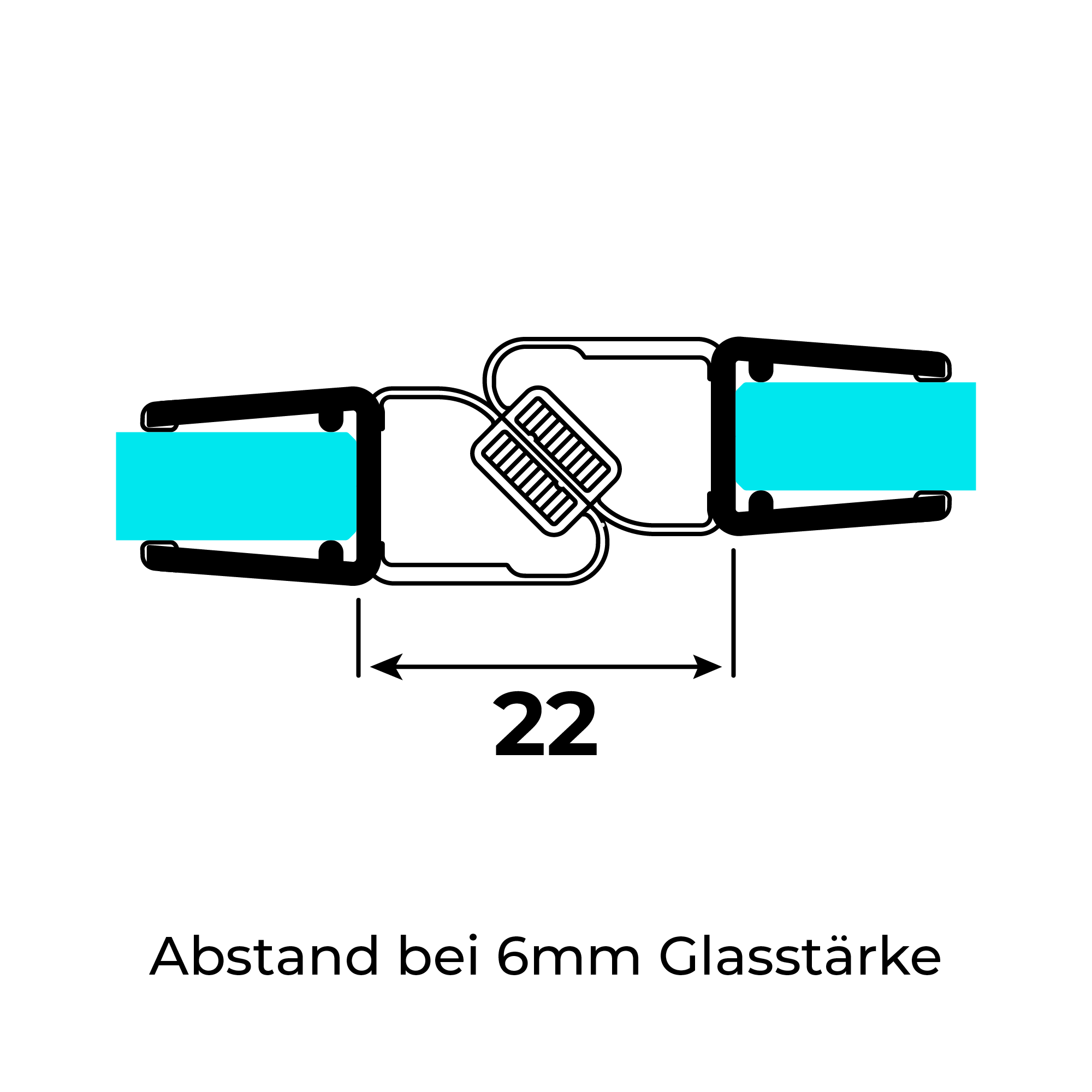 Technical drawing of two offset 180° magnetic seals for 6-8mm glass thickness on 6mm glass at a 180° angle