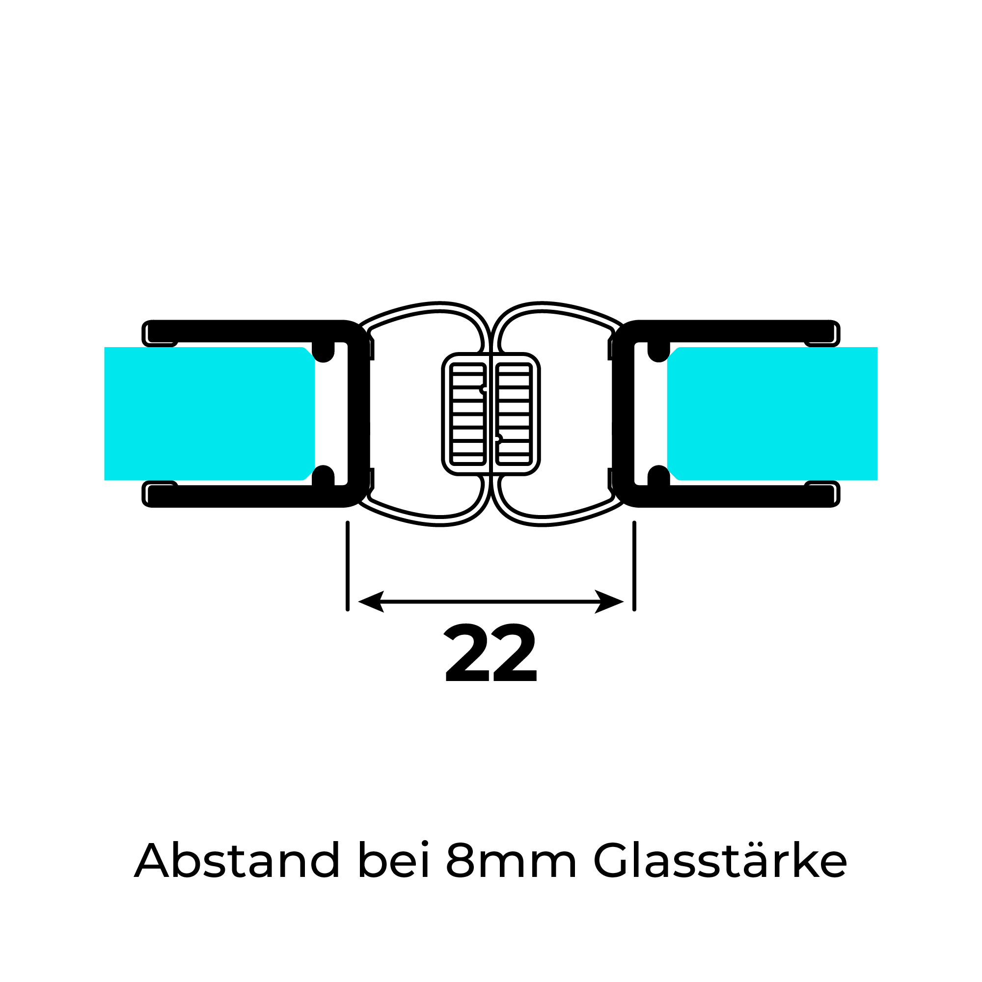 Technical drawing of two 180° magnetic seals for 6-8mm glass thickness on 8mm glass at a 180° angle