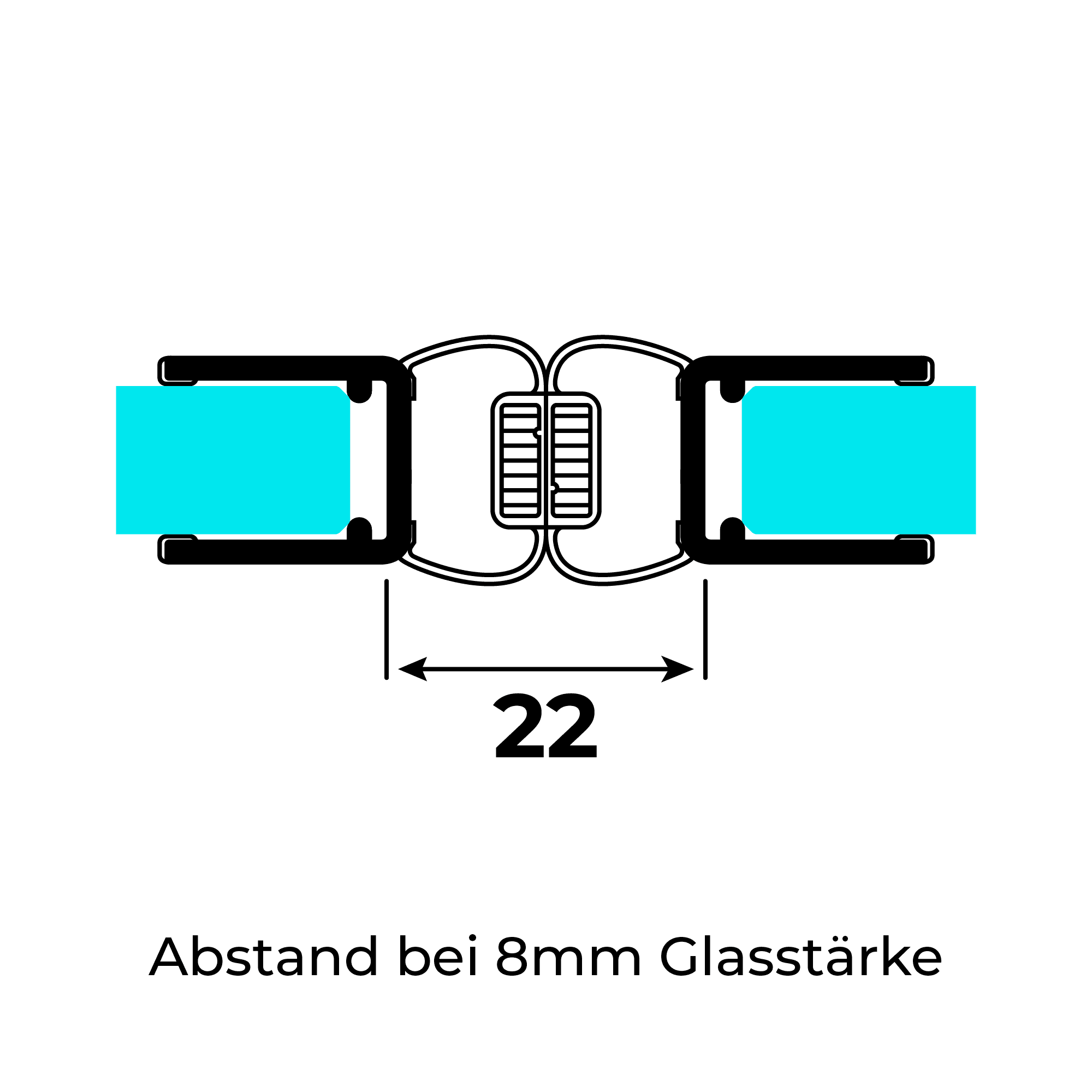Technical drawing of two 180° magnetic seals for 6-8mm glass thickness on 8mm glass at a 180° angle