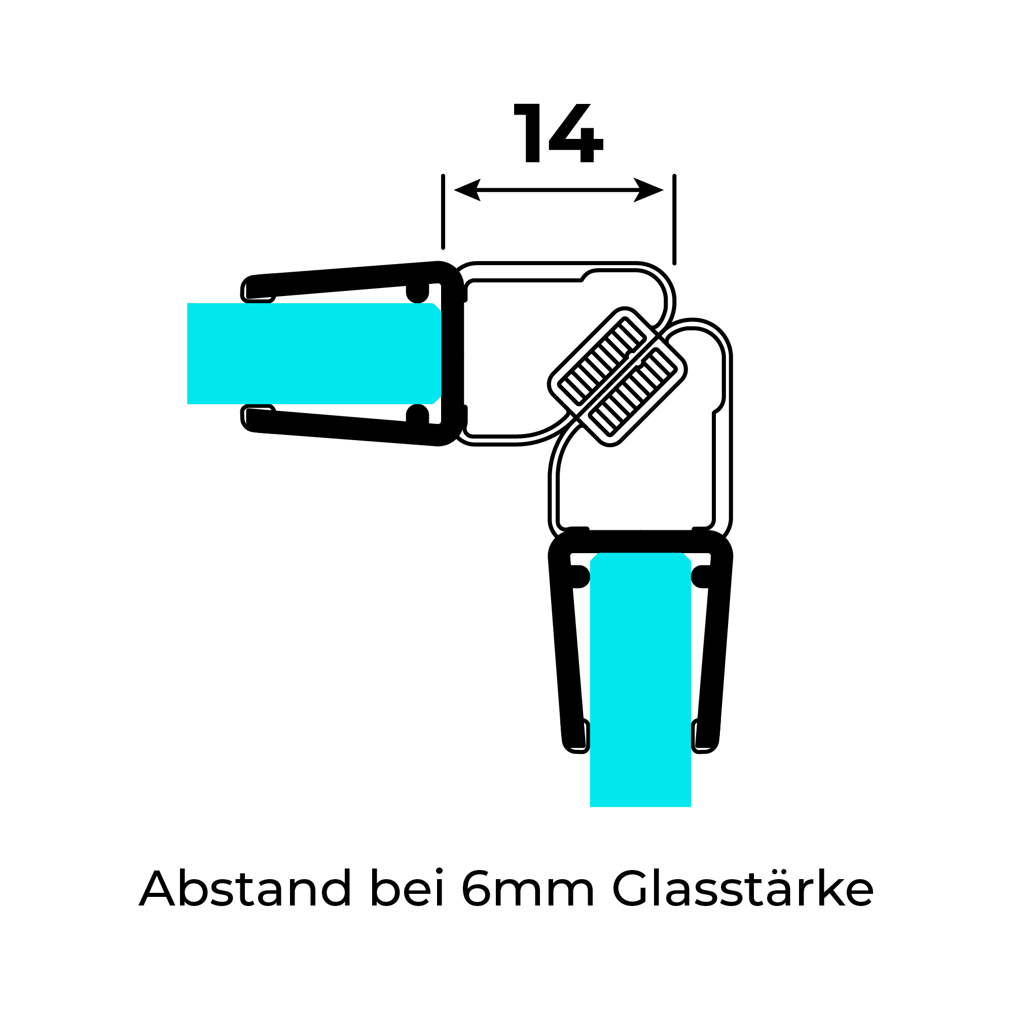 Technische Zeichnung zweier 90°-Magnetschließleisten für 6-8mm Glasstärke auf 6mm-Glas im 90°-Winkel