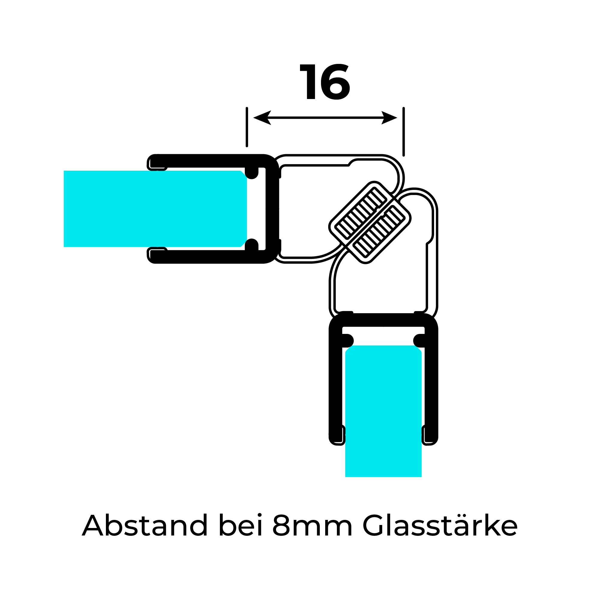 Technische Zeichnung zweier 90°-Magnetschließleisten für 6-8mm Glasstärke auf 8mm-Glas im 90°-Winkel