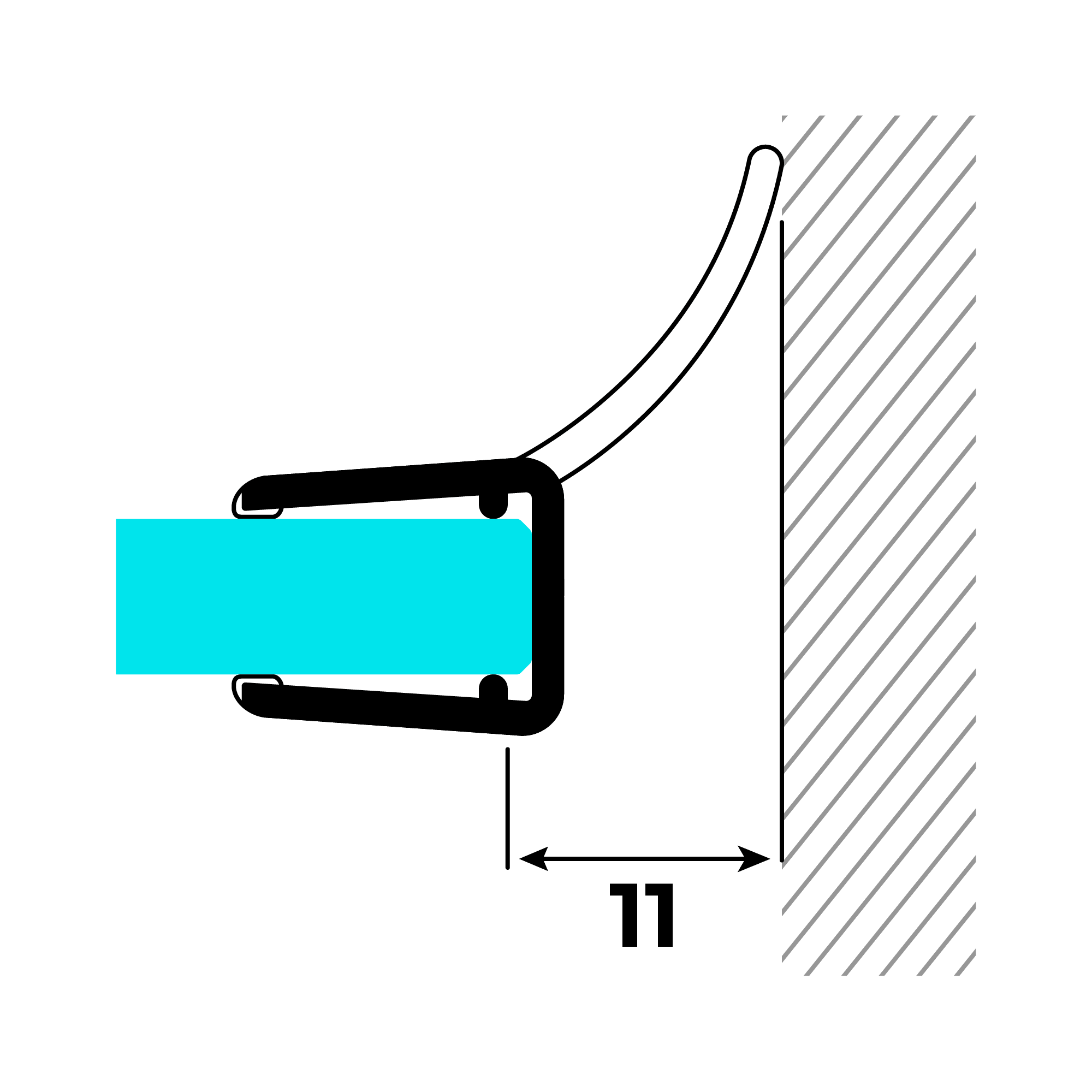Technical drawing of a wall and centre seal with a long sealing flap on glass against a wall