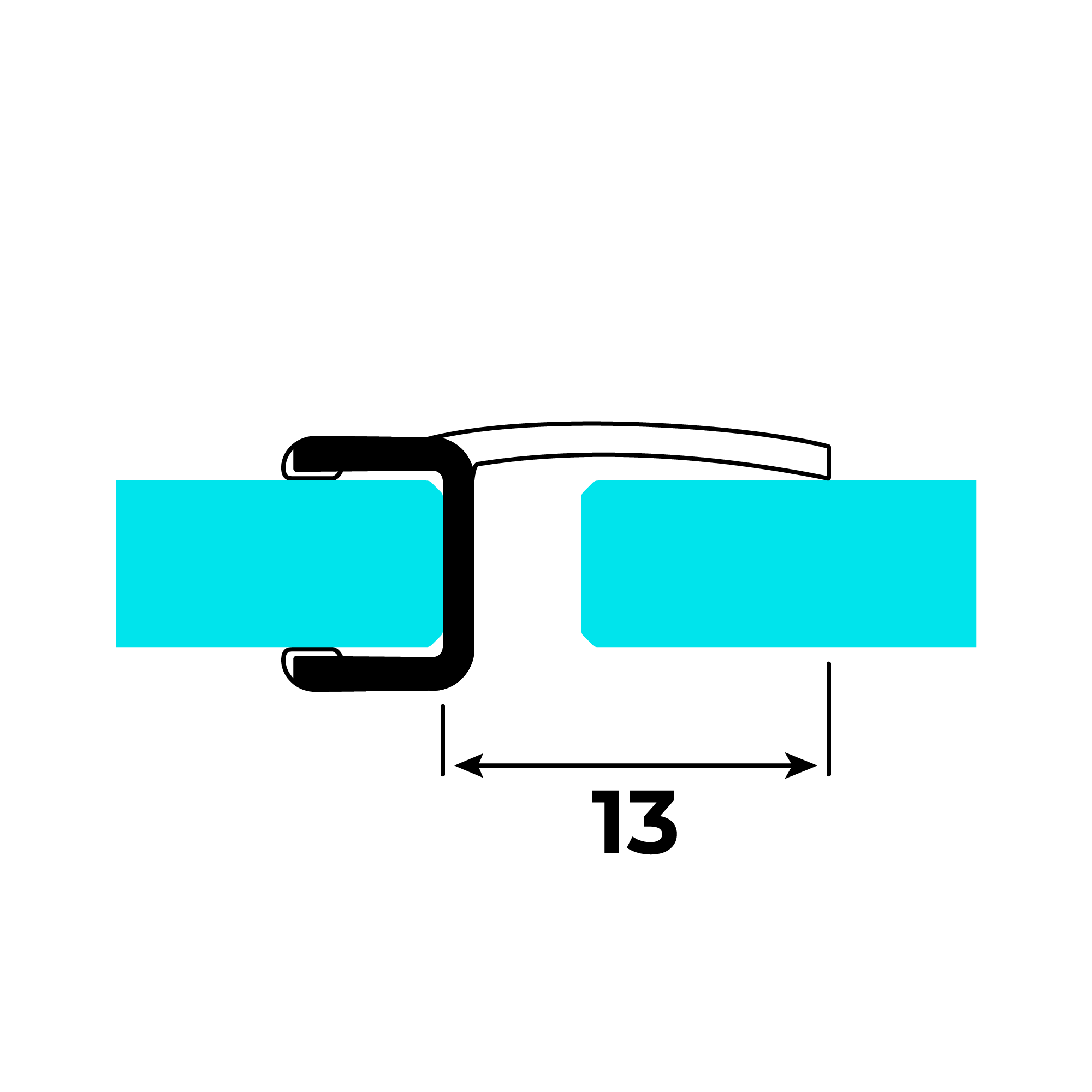 Technical drawing of a wall and centre seal on glass at a 180° angle