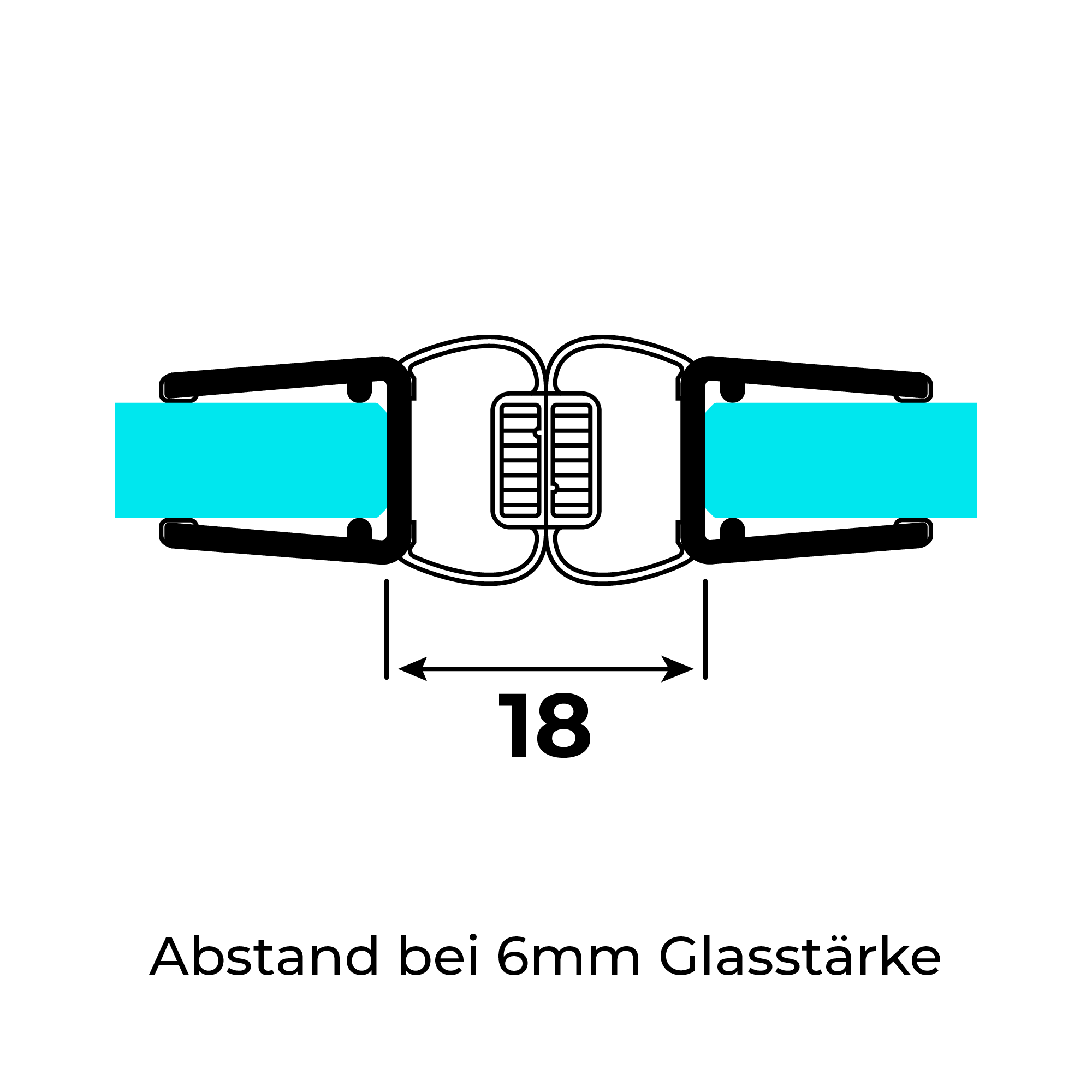 Technical drawing of two 180° magnetic seals for 6-8mm glass thickness on 6mm glass at a 180° angle