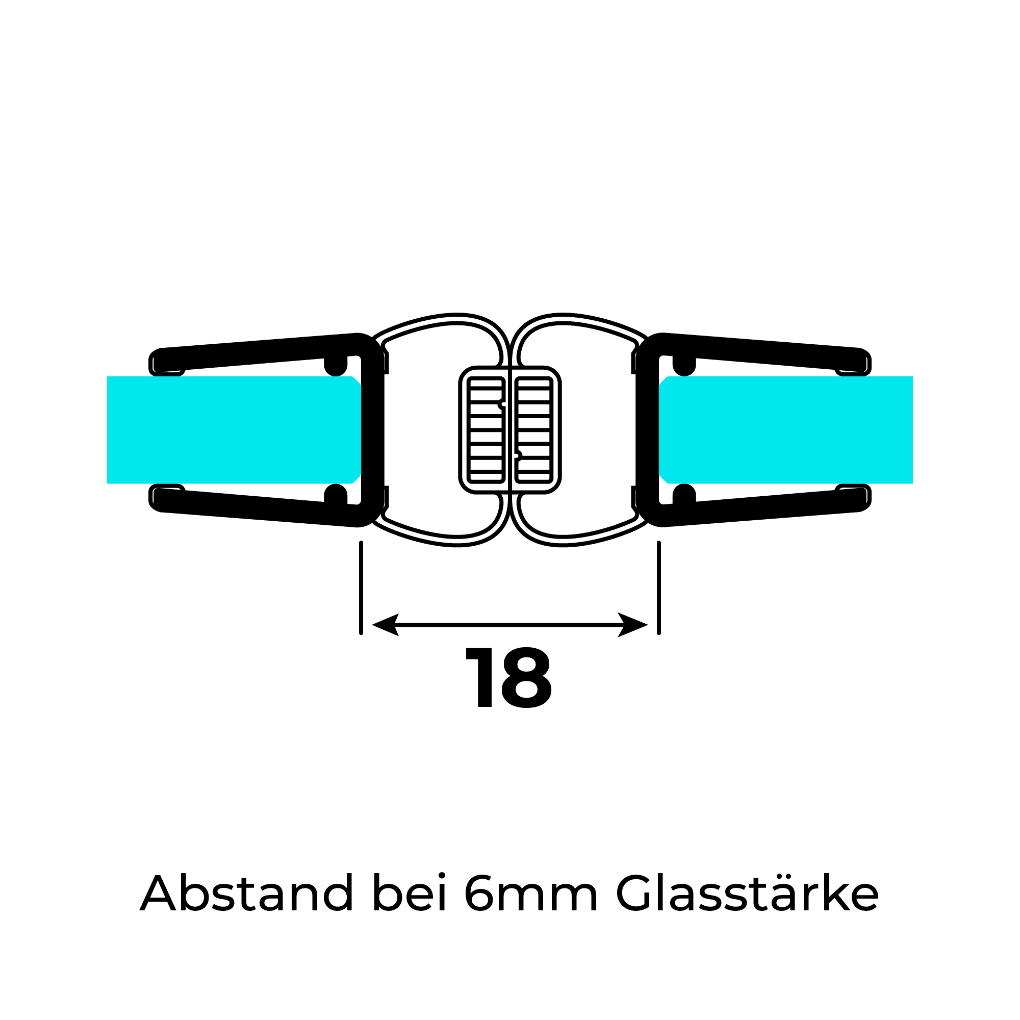 Technical drawing of two 180° magnetic seals for 6-8mm glass thickness on 6mm glass at a 180° angle