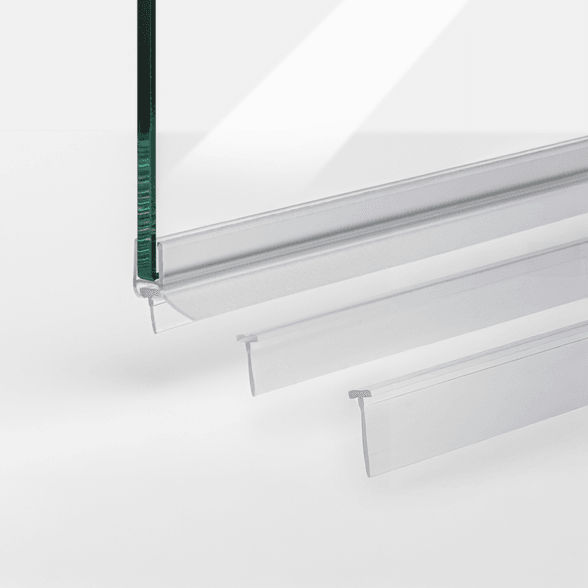 Beispiel von Schleiflippendichtungen für 6mm Glasstärke mit 10,5mm, 14,5mm und 18,5mm Höhe in einer 180°-Situation