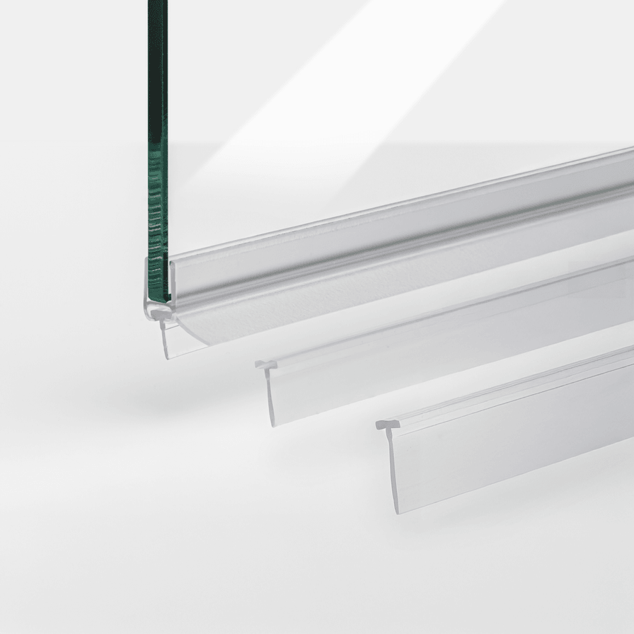 Beispiel von Schleiflippendichtungen für 6mm Glasstärke mit 10,5mm, 14,5mm und 18,5mm Höhe in einer 180°-Situation