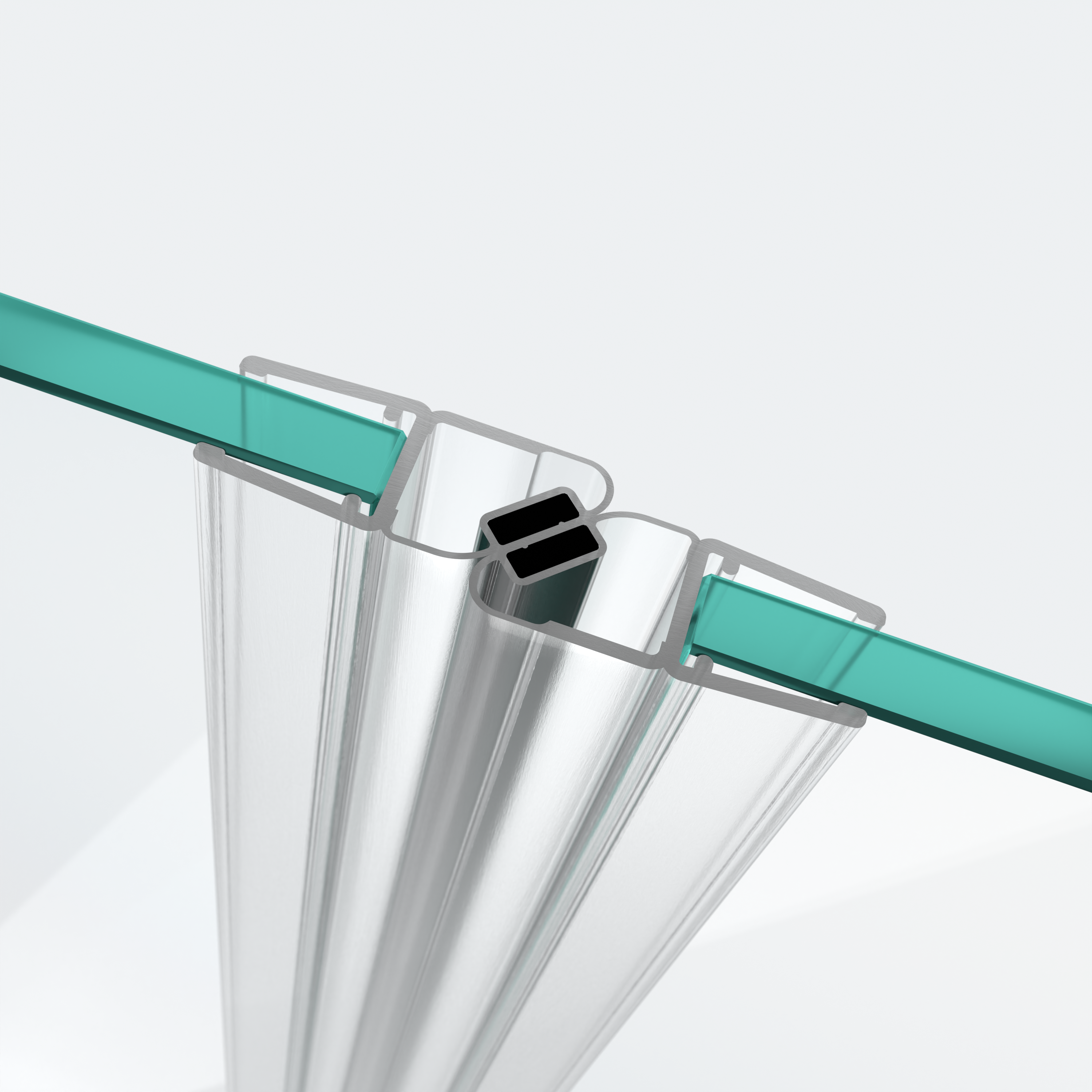 3D-Modell zweier versetzter 180°-Magnetschließleisten für eine 180°-Tür-an-Tür-Situation