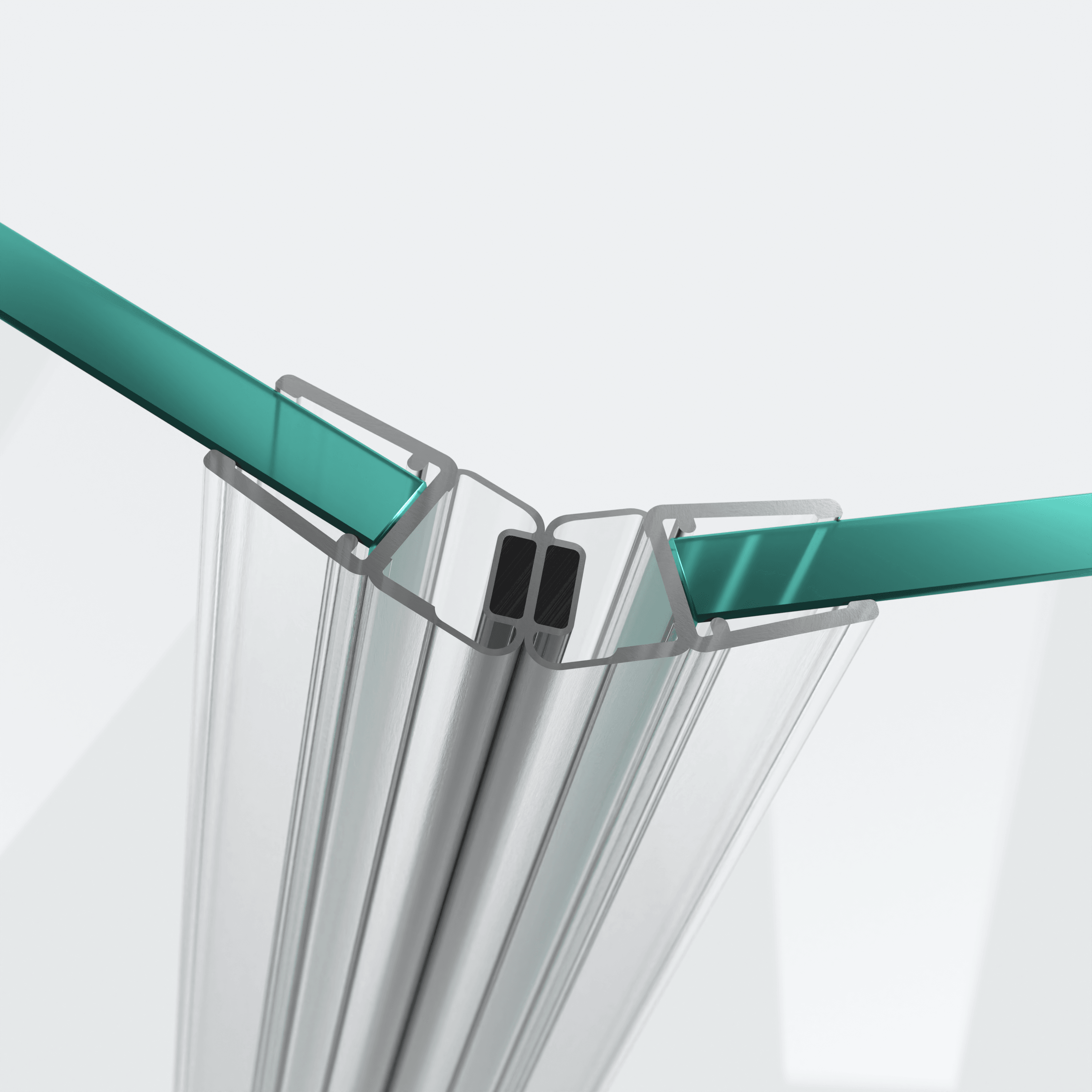 3D-Modell zweier 135°-Magnetschließleisten für eine 135°-Glas-an-Glas-Situation
