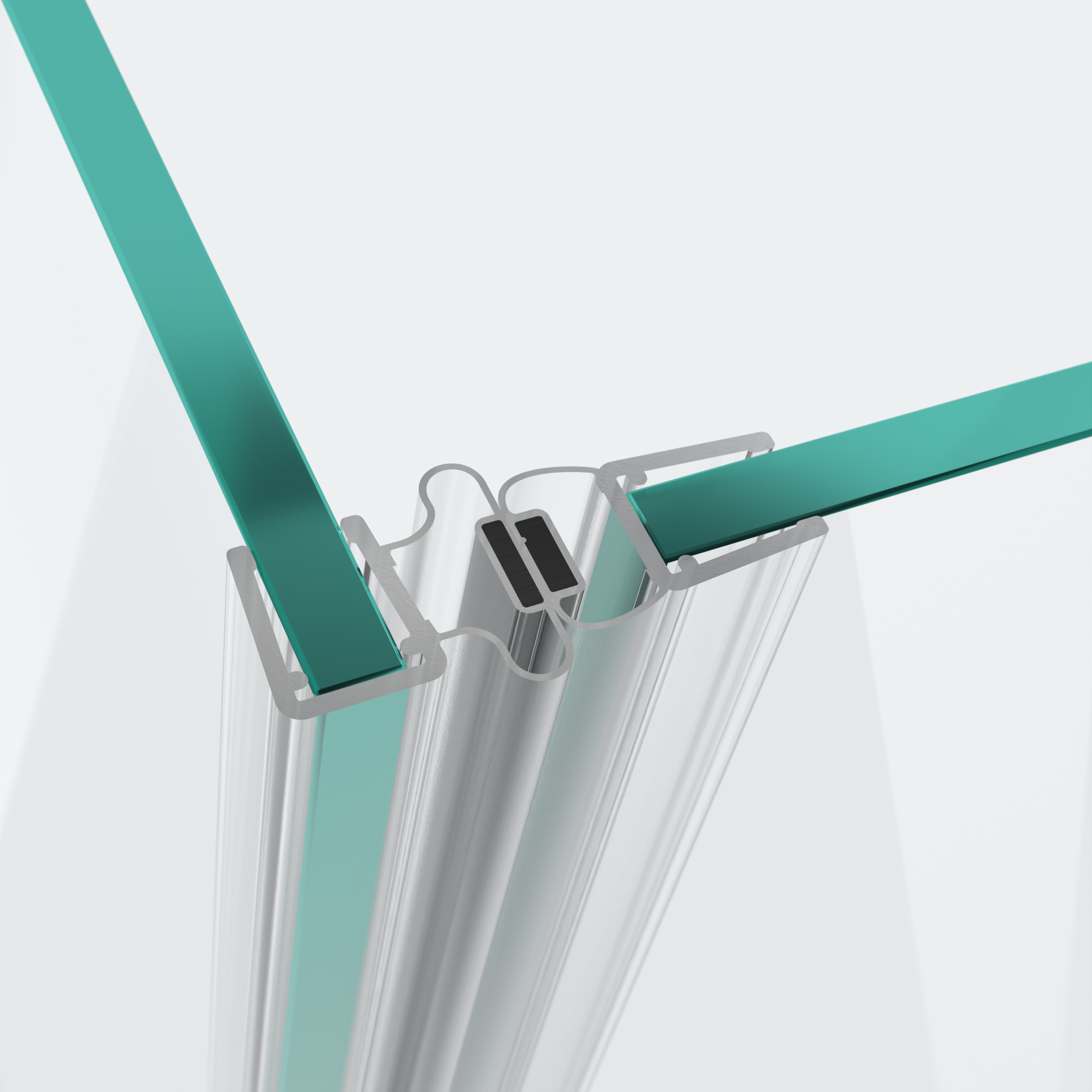 3D-Modell zweier Magnetschließleisten für Pendelbeschläge für eine 90°-Glas-an-Glas-Situation