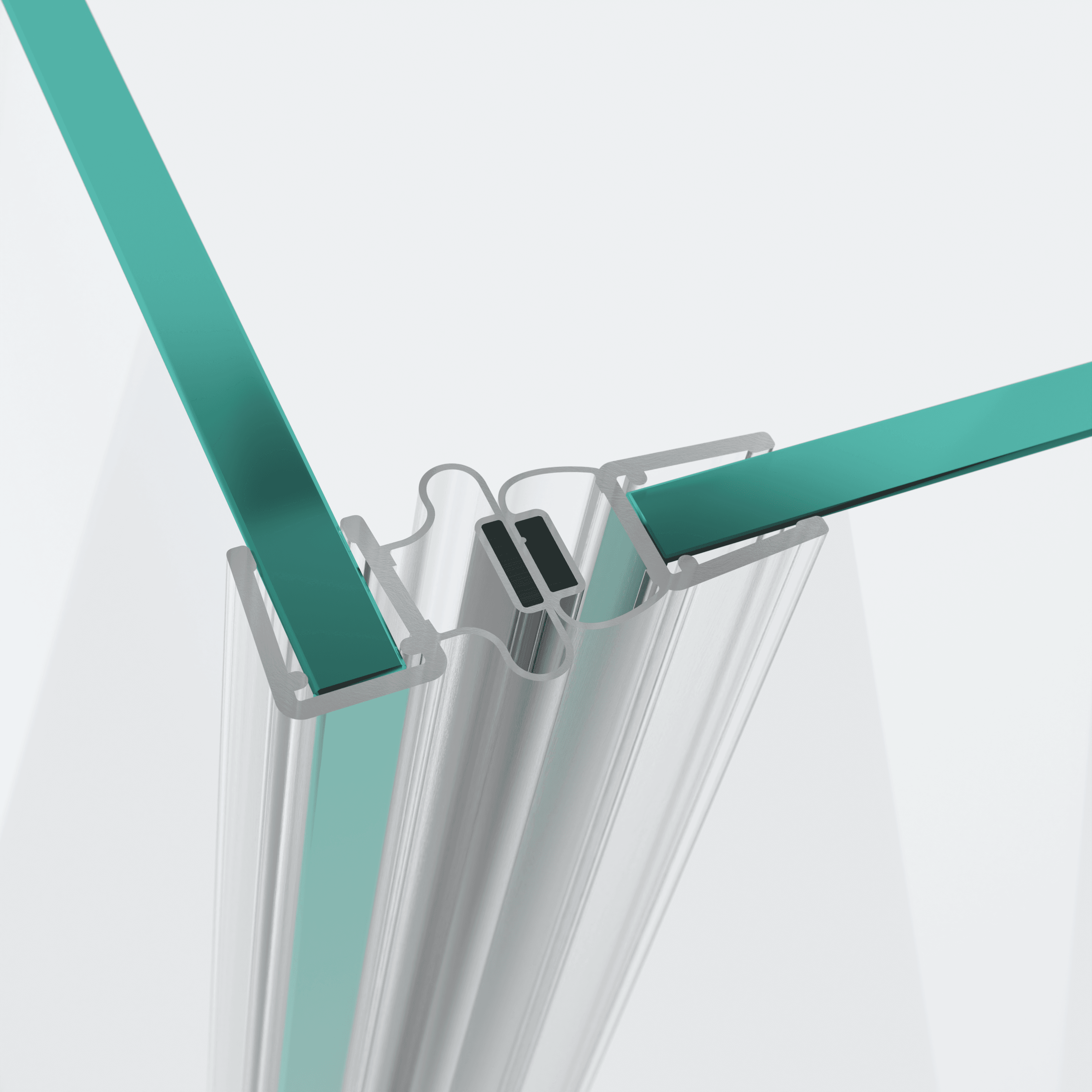 3D model of two magnetic seals for pivot fittings for a 90° glass-to-glass situation