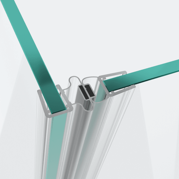 3D-Modell zweier Magnetschließleisten für Pendelbeschläge für eine 90°-Glas-an-Glas-Situation