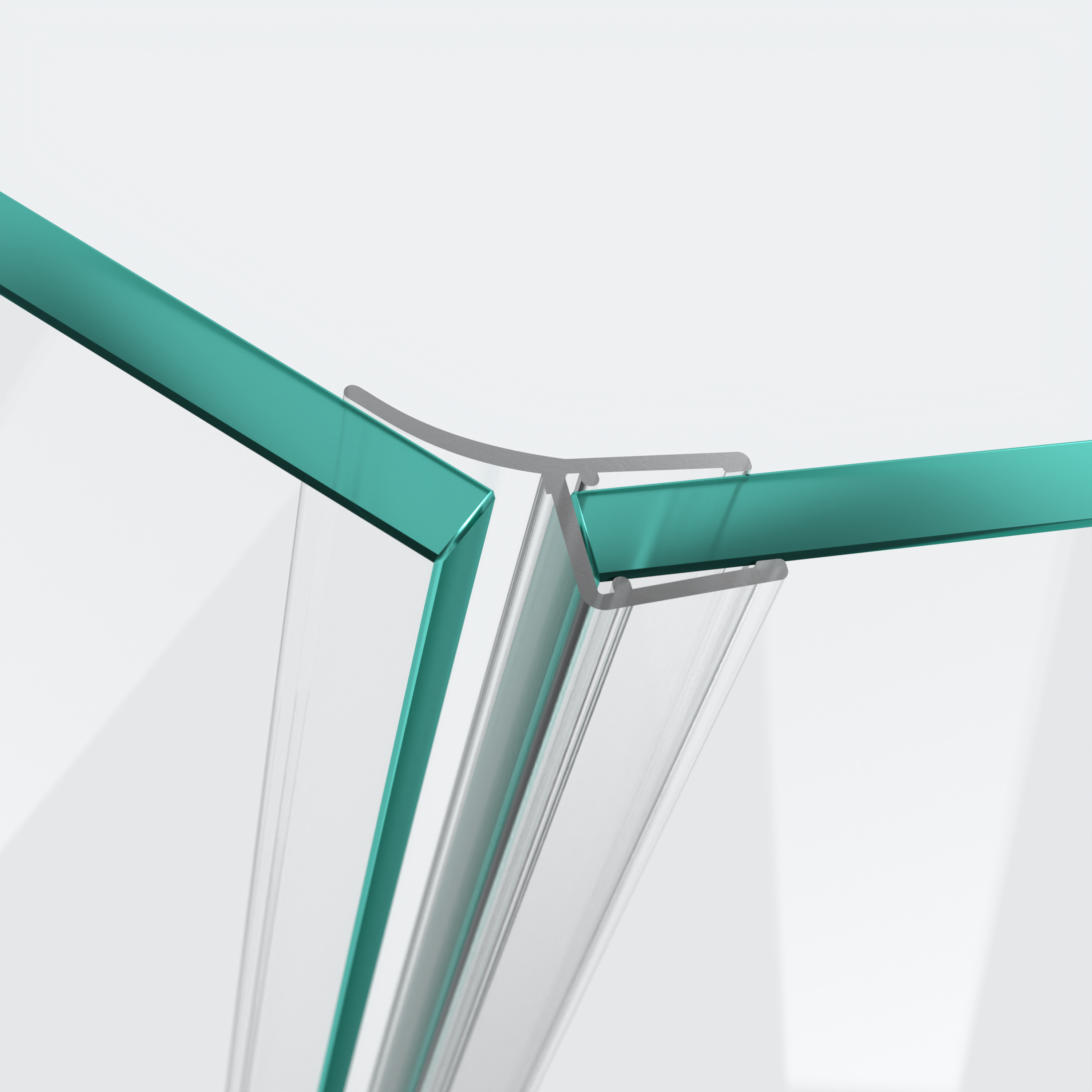3D model of a wall and centre seal for a 135° glass-to-glass situation