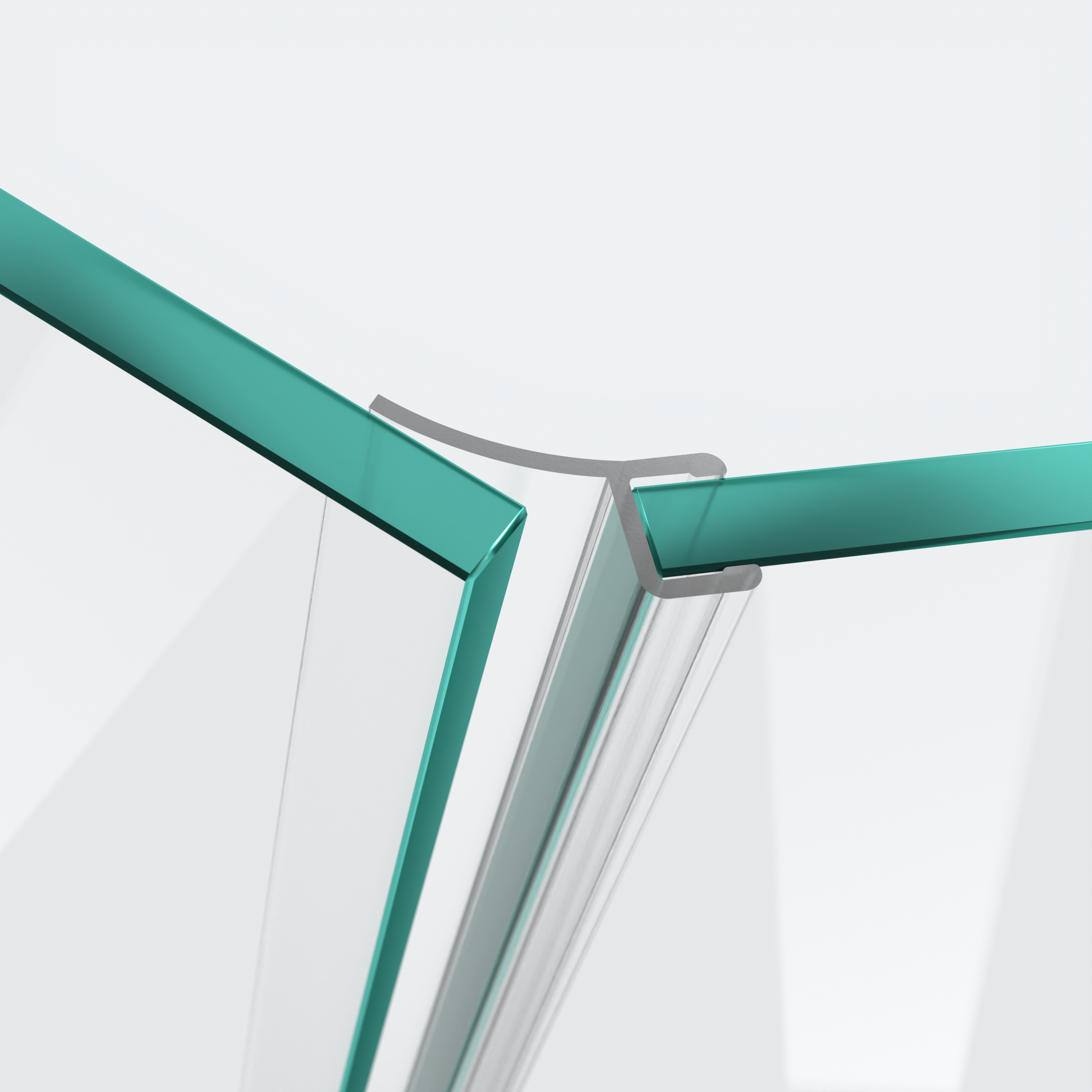 3D model of a wall and centre seal with short glass recess for a 135° glass-to-glass situation