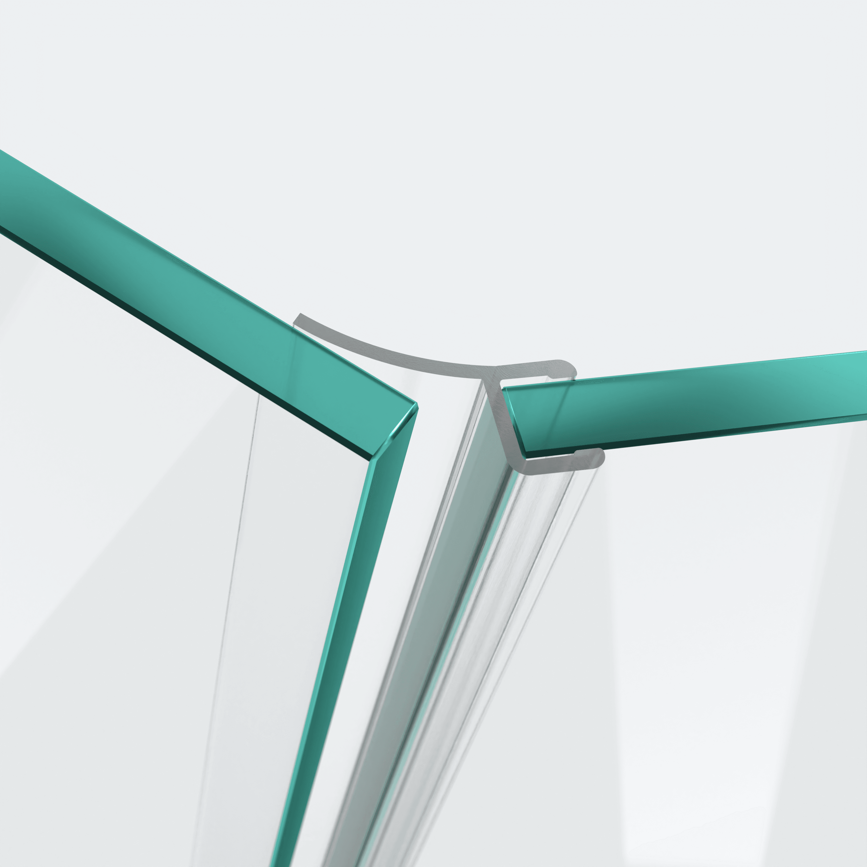 3D model of a wall and centre seal with short glass recess for a 135° glass-to-glass situation