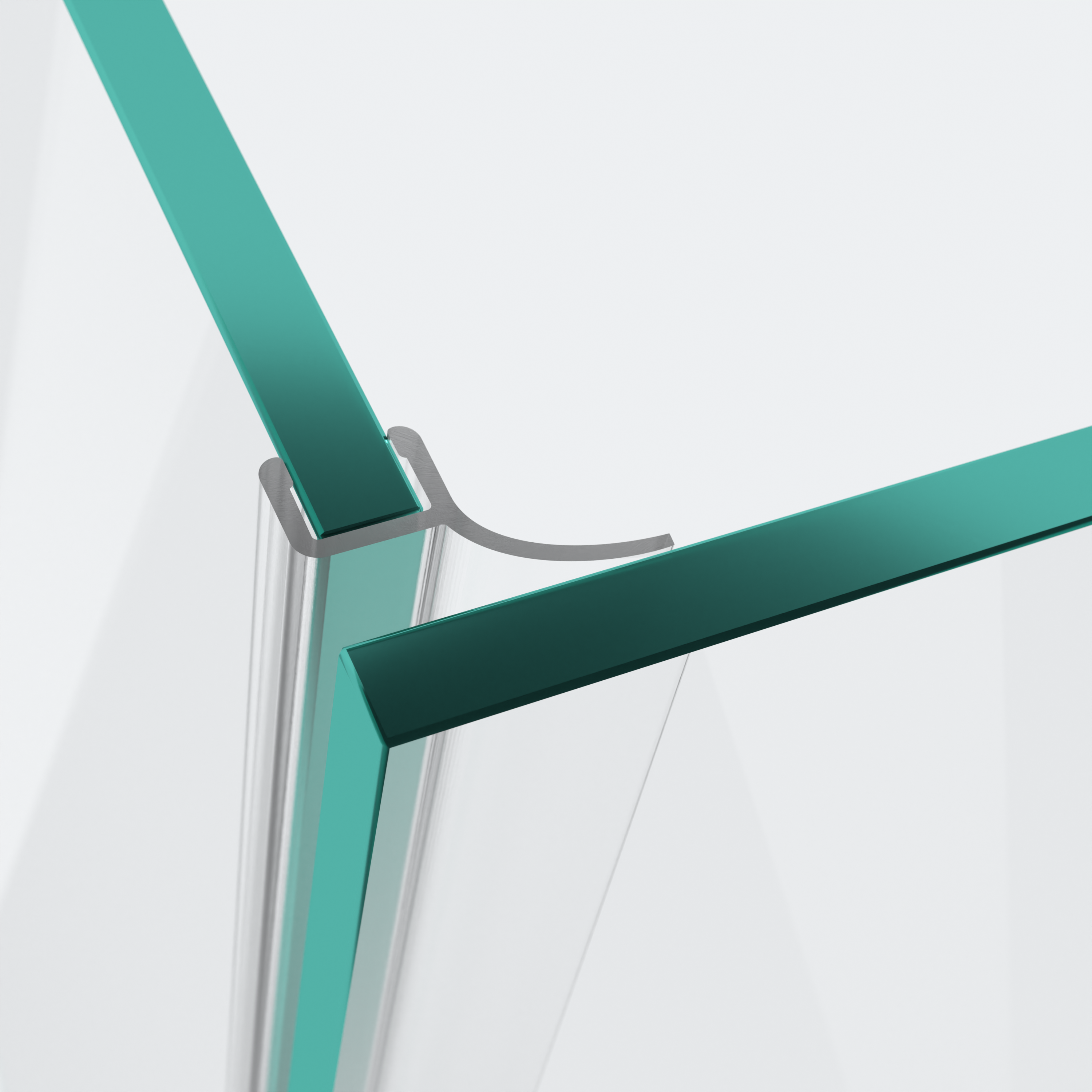 3D model of a wall and centre seal with short glass recess for a 90° glass-to-glass situation