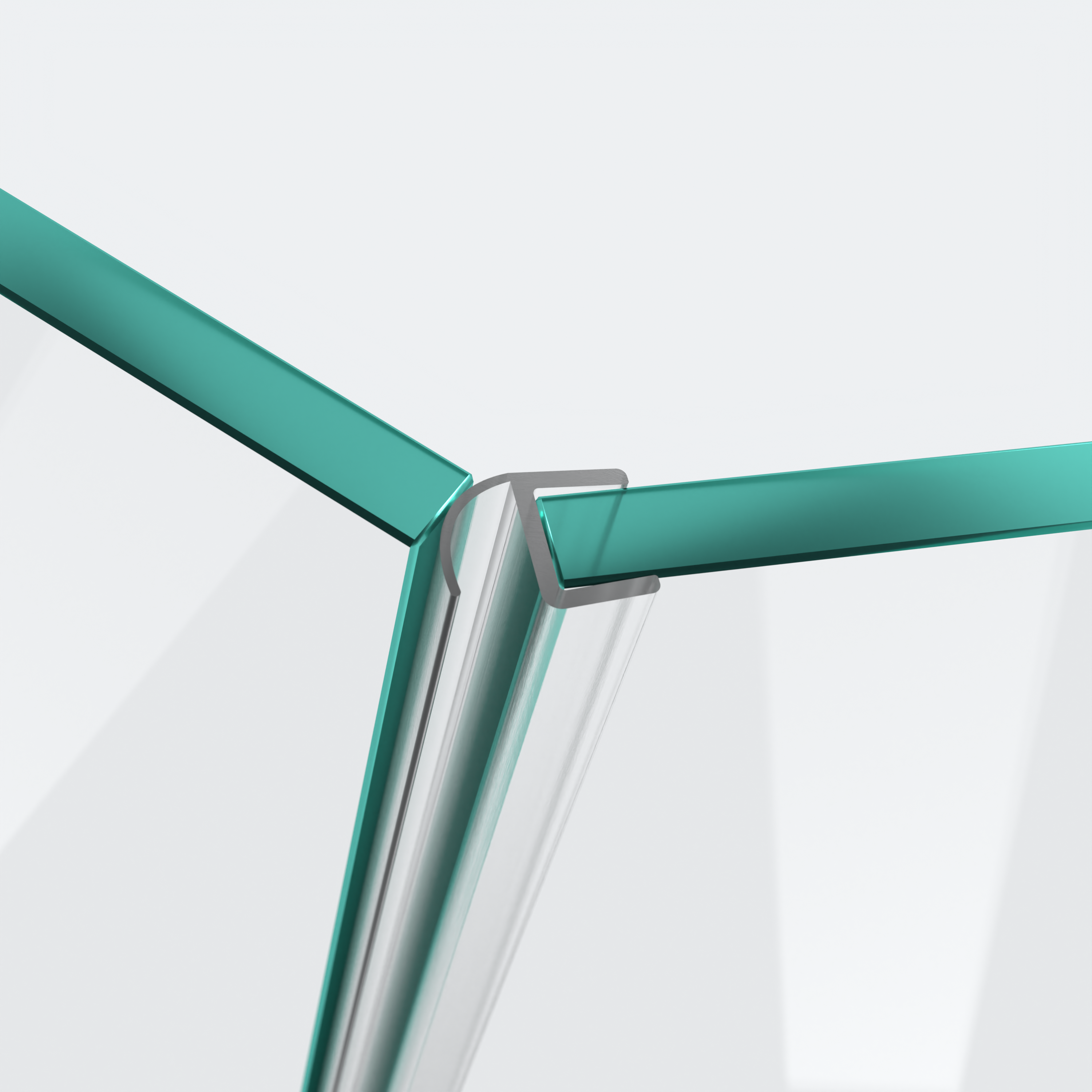 3D-Modell einer Wand- und Mitteldichtung mit halber Hohlkammer und kurzem Glaseinstand für eine 135°-Glas-an-Glas-Situation