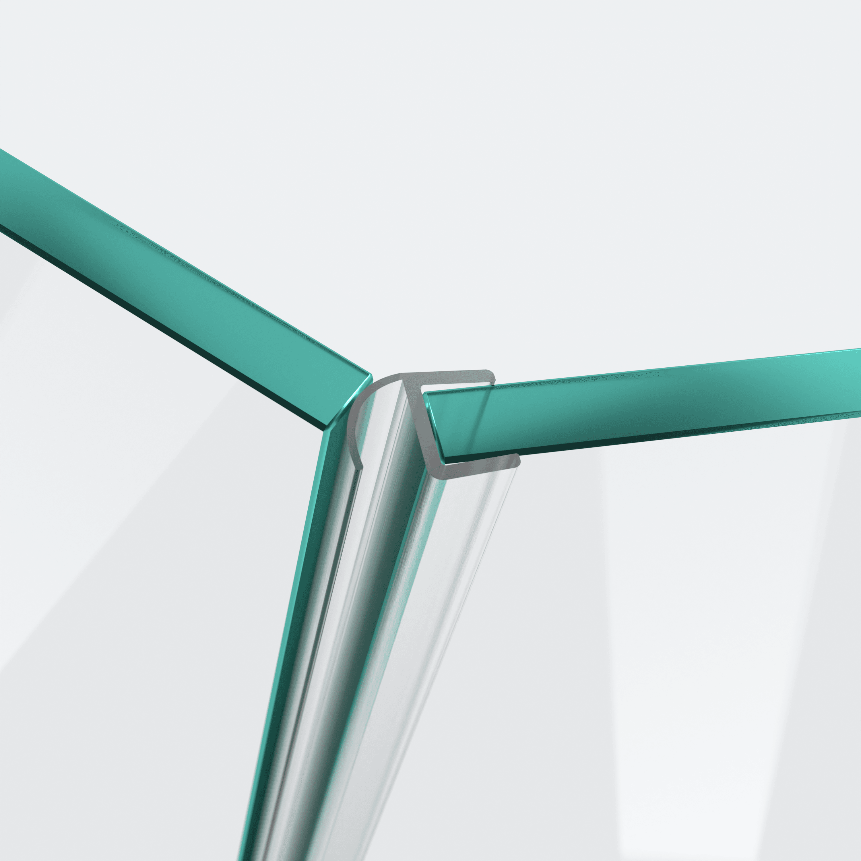 3D-Modell einer Wand- und Mitteldichtung mit halber Hohlkammer und kurzem Glaseinstand für eine 135°-Glas-an-Glas-Situation