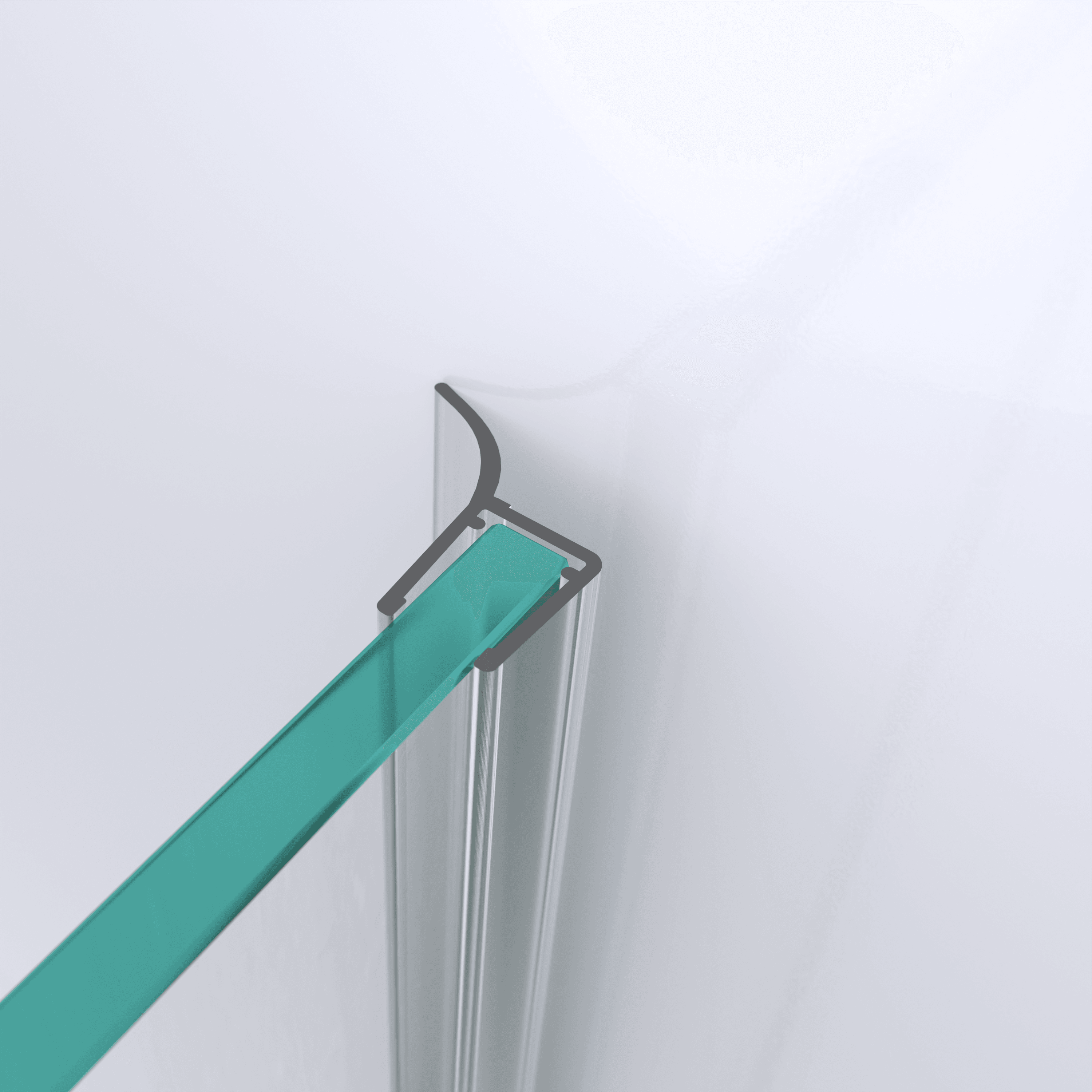 3D model of a wall and centre seal with a long sealing flap for a glass-to-wall situation