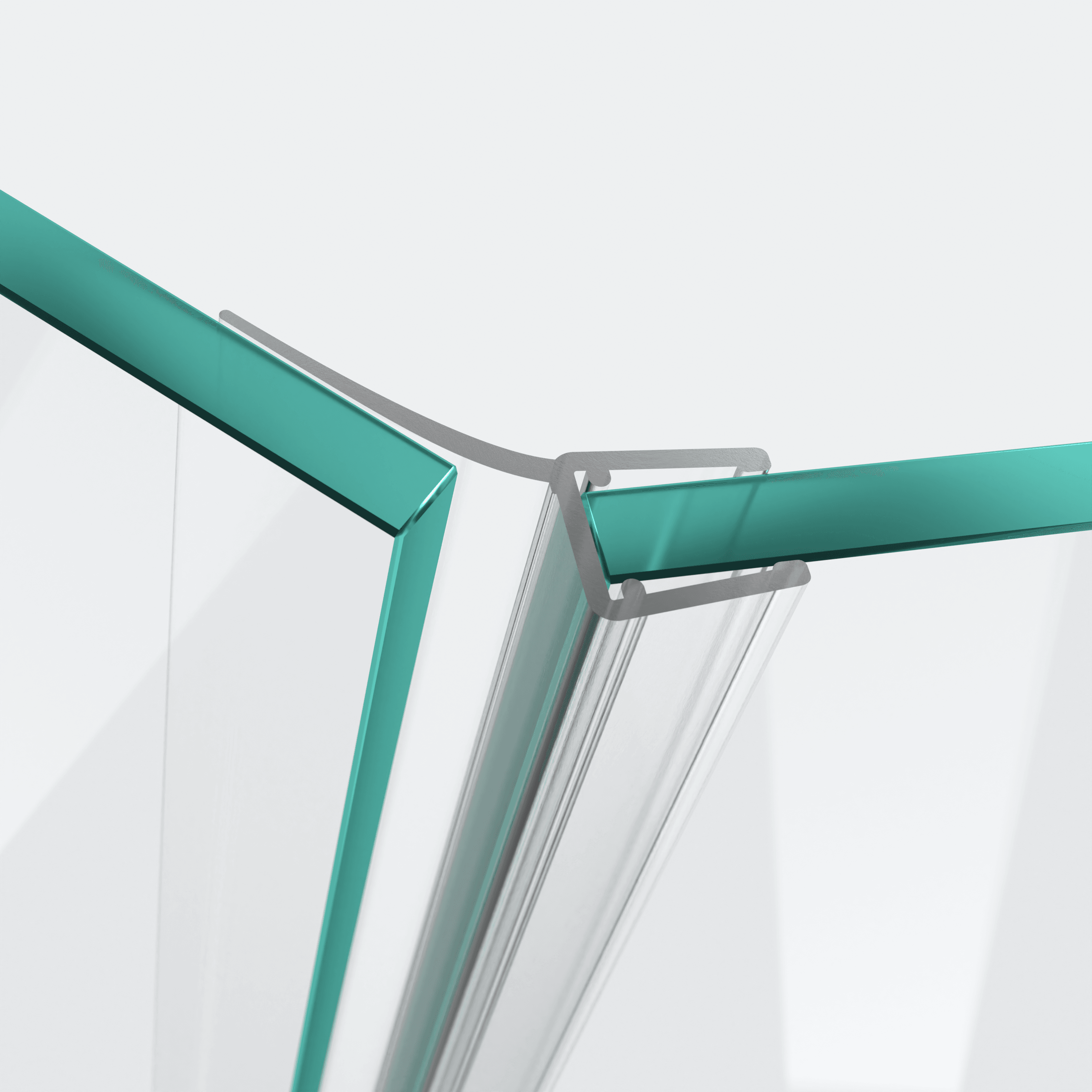 3D model of a wall and centre seal with a long sealing flap for a 135° glass-to-glass situation
