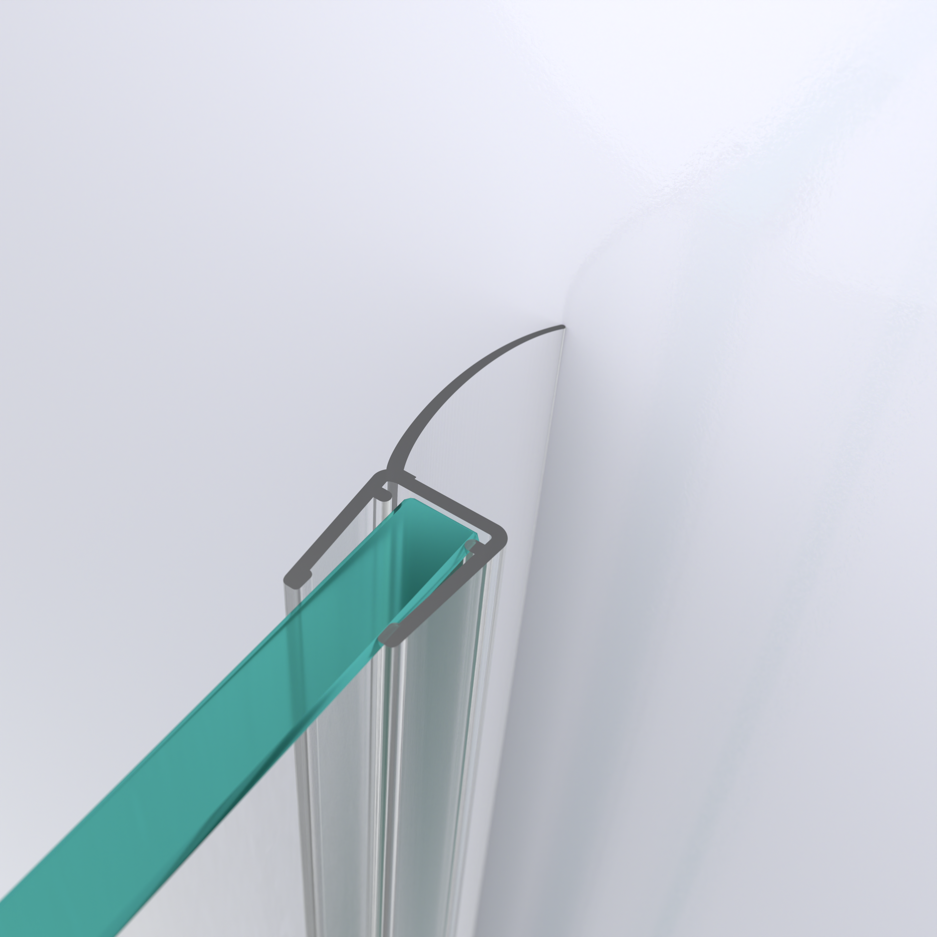 3D model of a wall and centre seal with a long sealing flap for a glass-to-wall situation