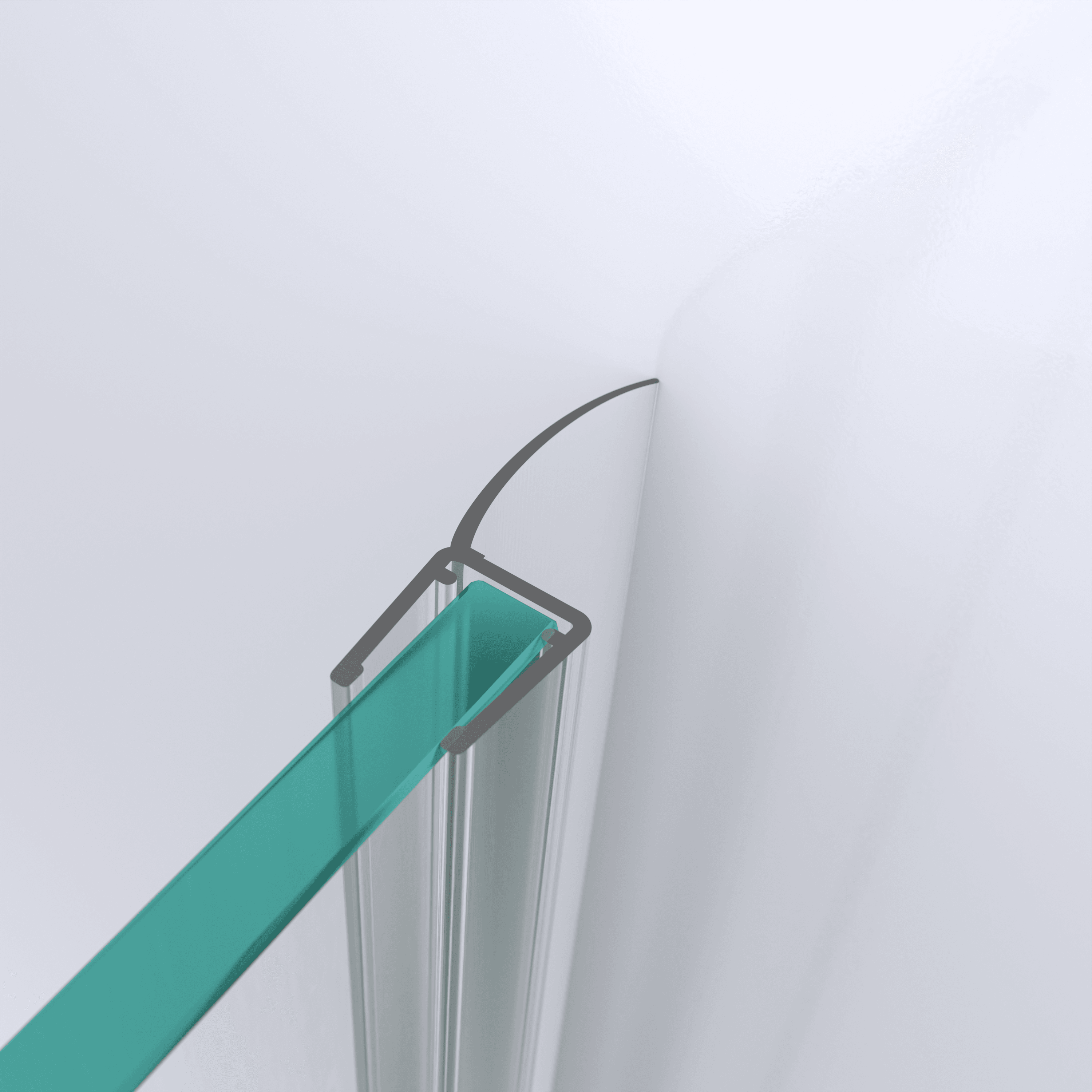 3D model of a wall and centre seal with a long sealing flap for a glass-to-wall situation