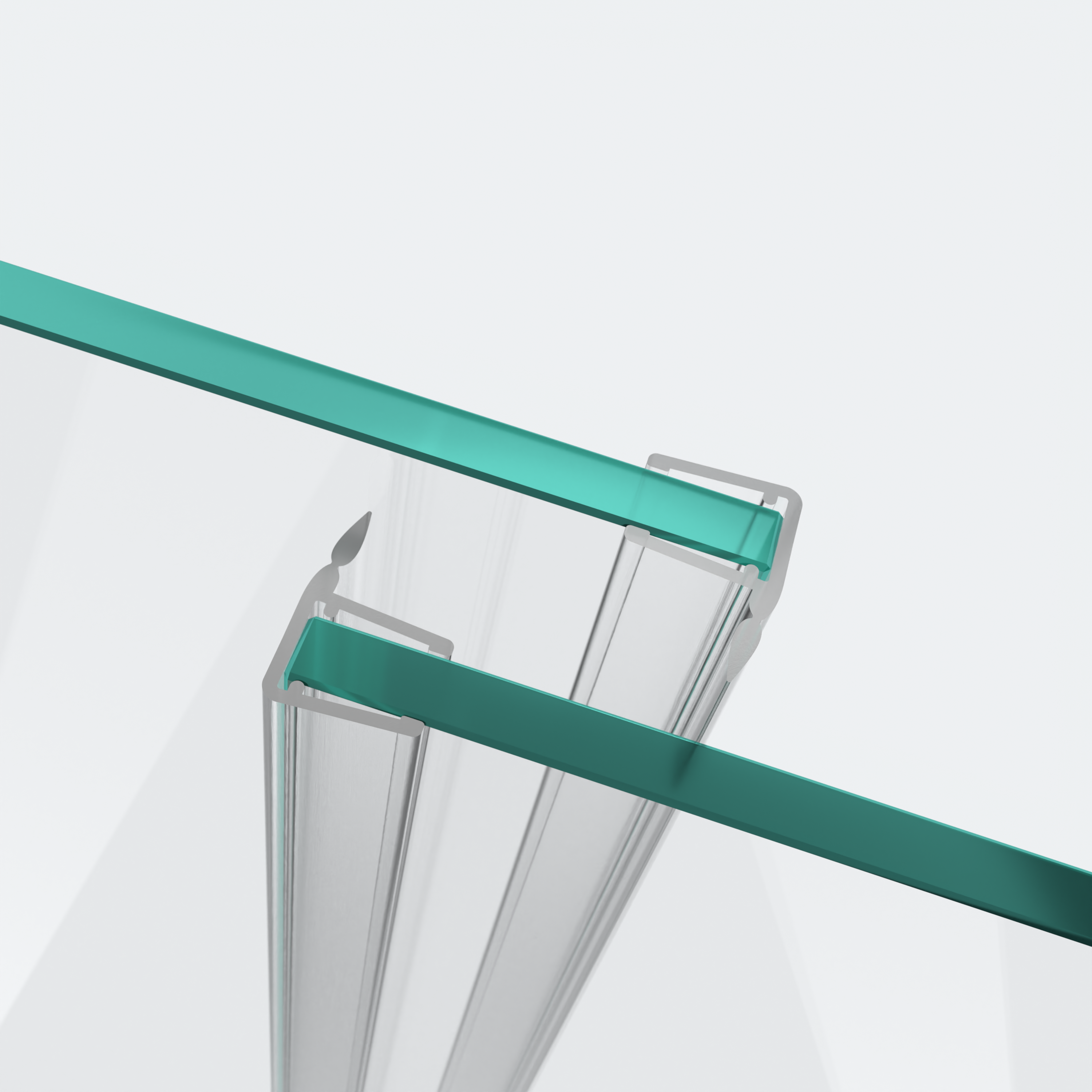 3D-Modell zweier Schiebetürdichtungen mit kurzem Abweiser für eine parallele 180°-Glas-an-Glas-Situation