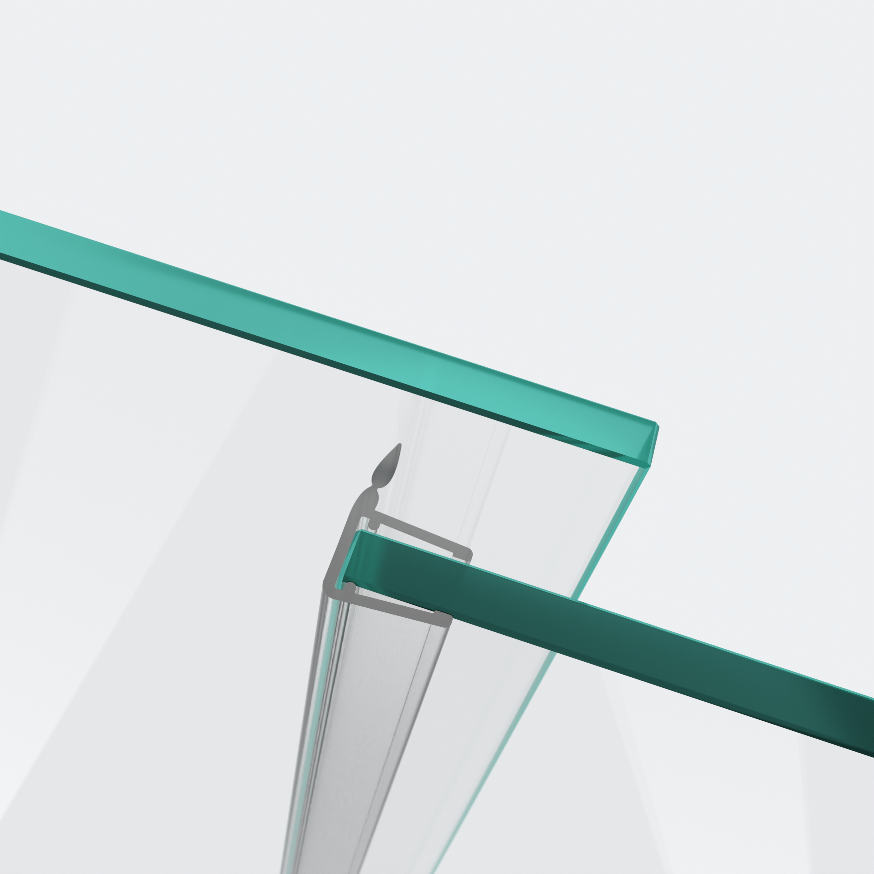 3D model of a sliding-door seal with a short deflector for a parallel 180° glass-to-glass situation in the foreground