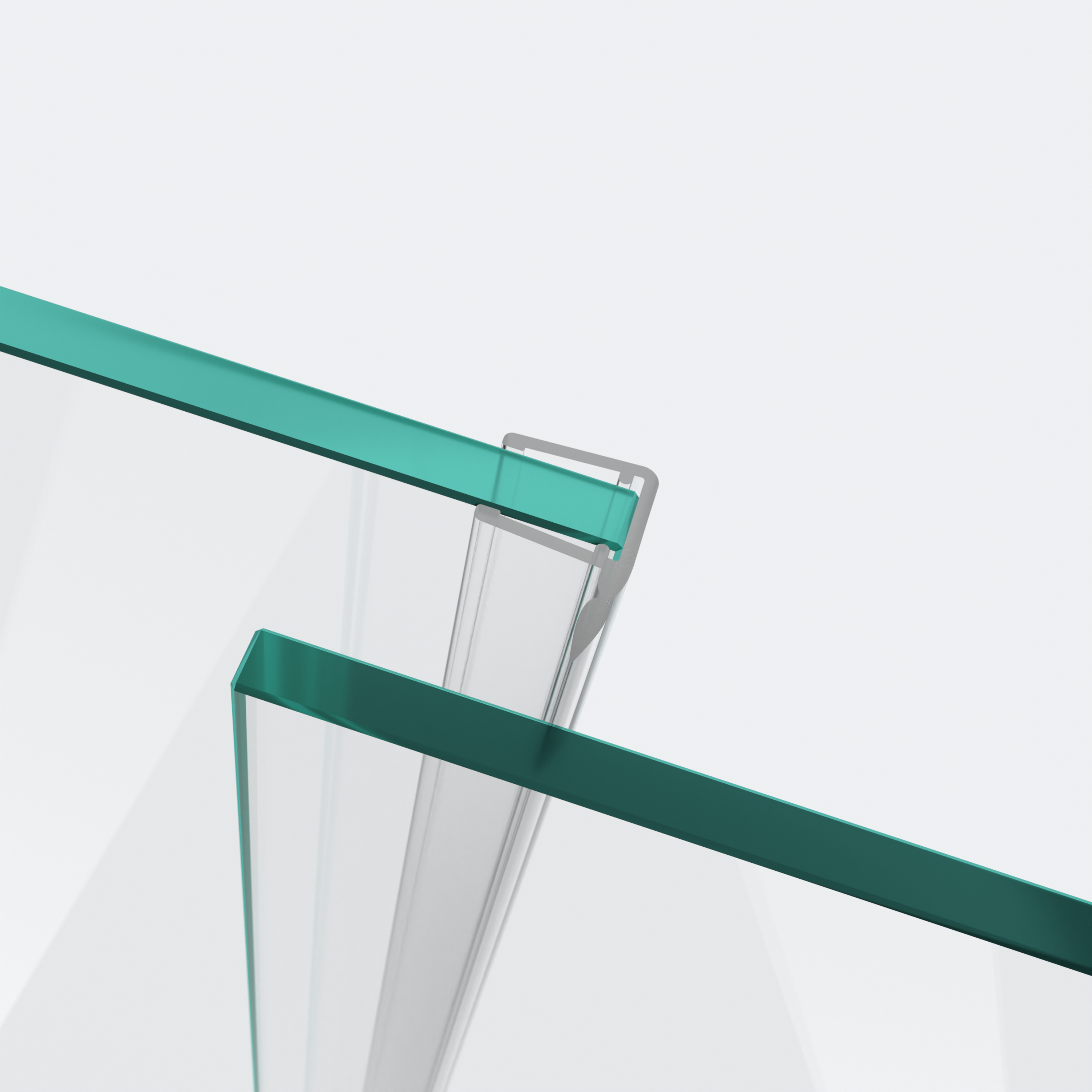 3D model of a sliding-door seal with a short deflector for a parallel 180° glass-to-glass situation in the background