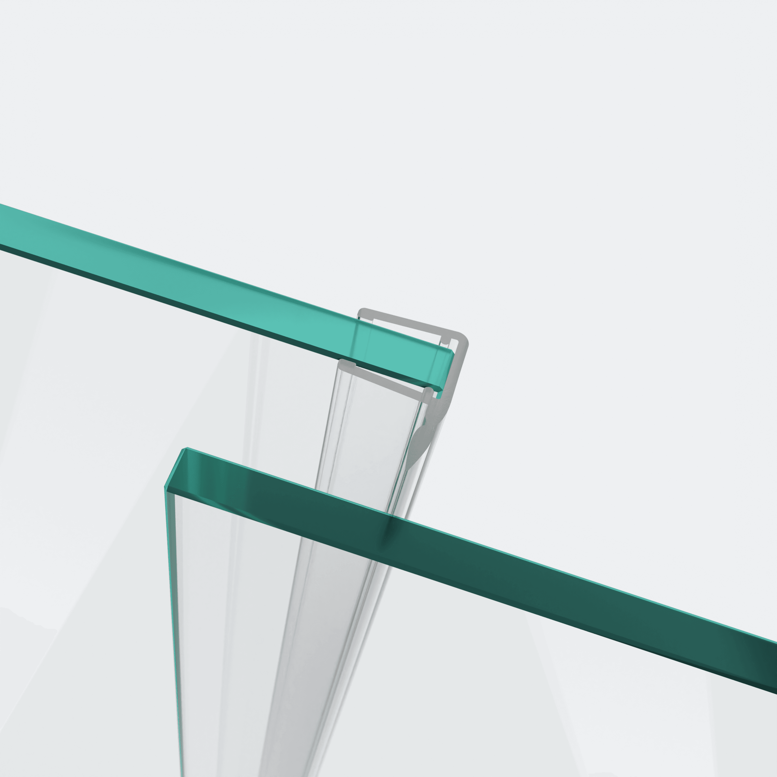 3D model of a sliding-door seal with a short deflector for a parallel 180° glass-to-glass situation in the background