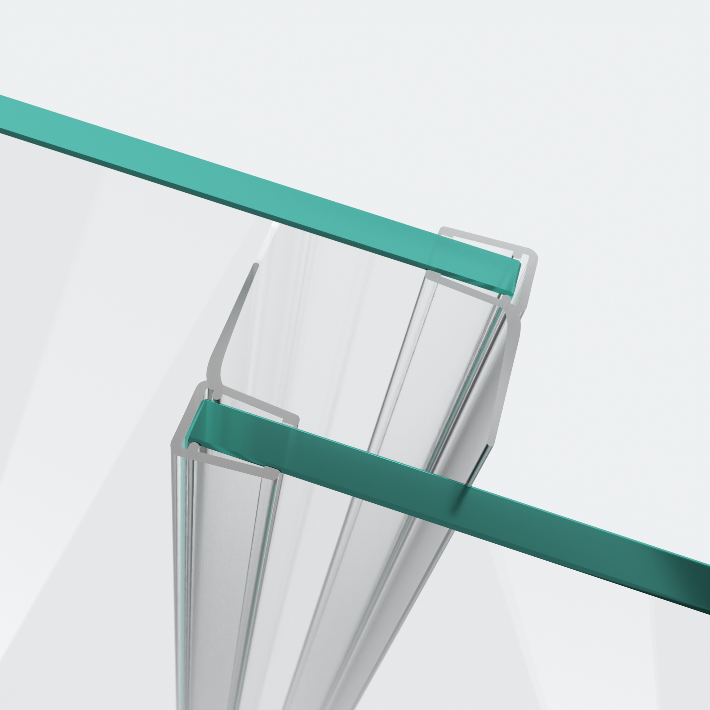 3D-Modell zweier Schiebetürdichtungen mit langem Abweiser für eine parallele 180°-Glas-an-Glas-Situation