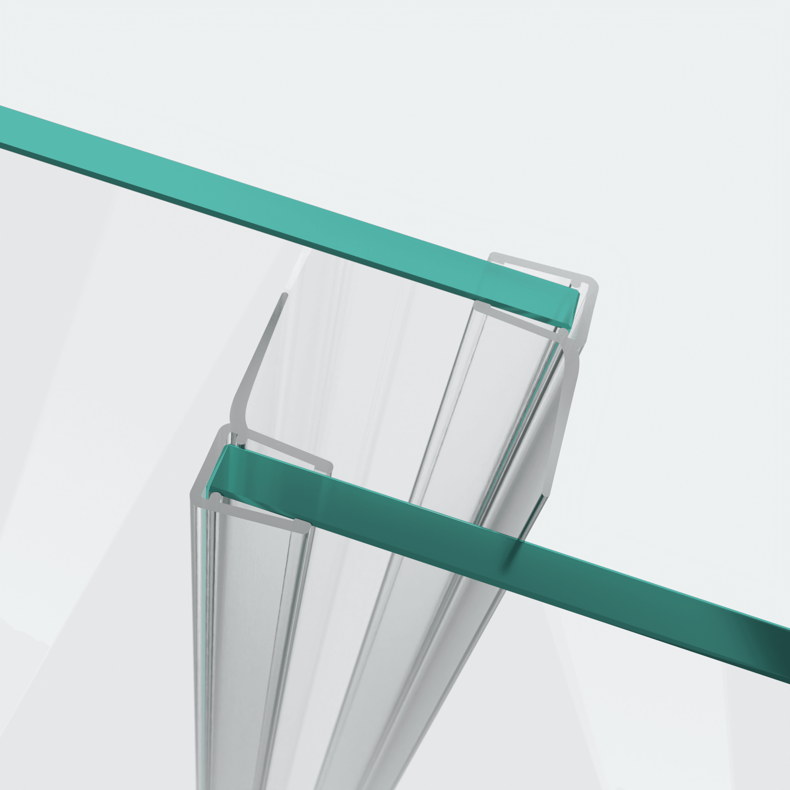 3D-Modell zweier Schiebetürdichtungen mit langem Abweiser für eine parallele 180°-Glas-an-Glas-Situation
