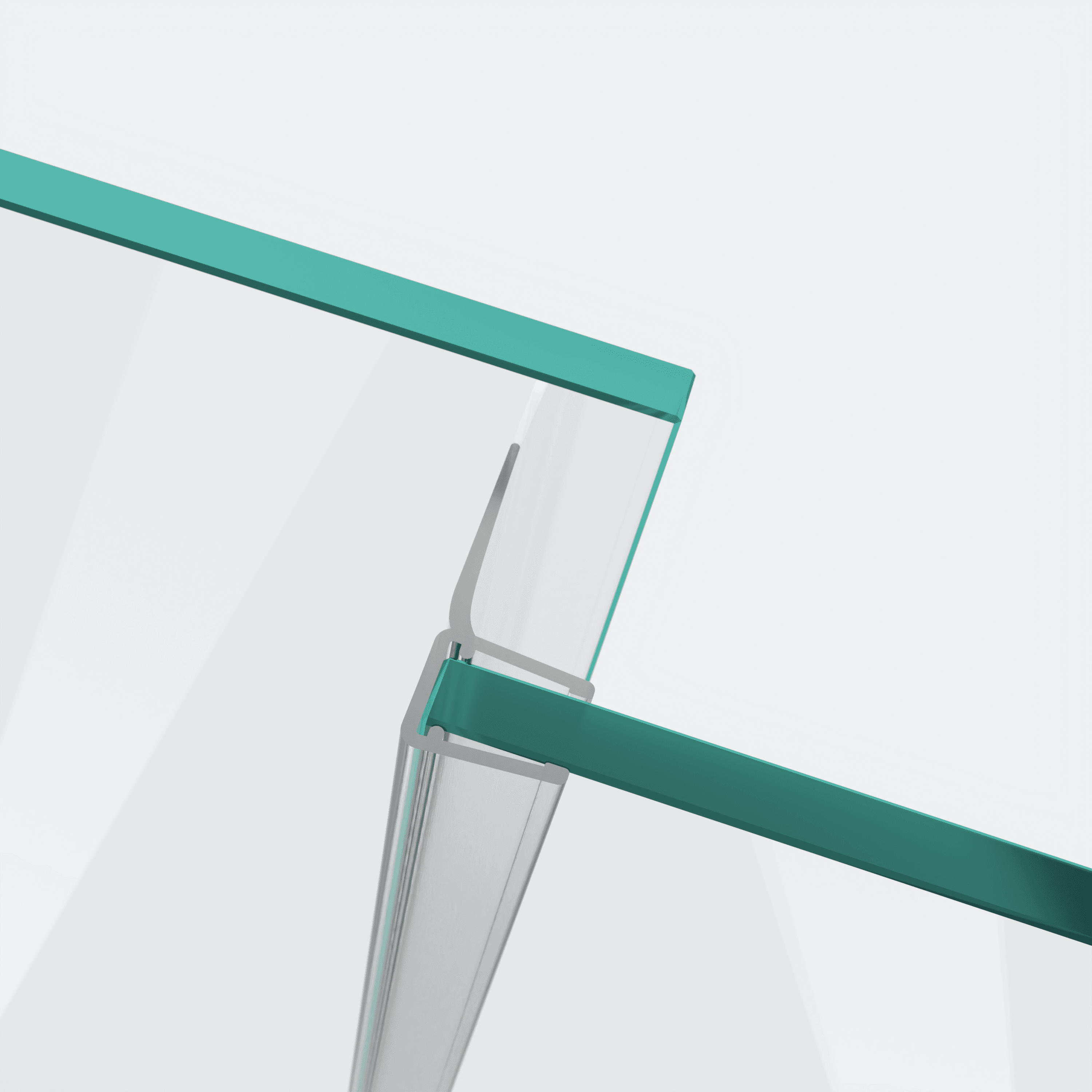 3D-Modell einer Schiebetürdichtung mit langem Abweiser für eine parallele 180°-Glas-an-Glas-Situation im Vordergrund