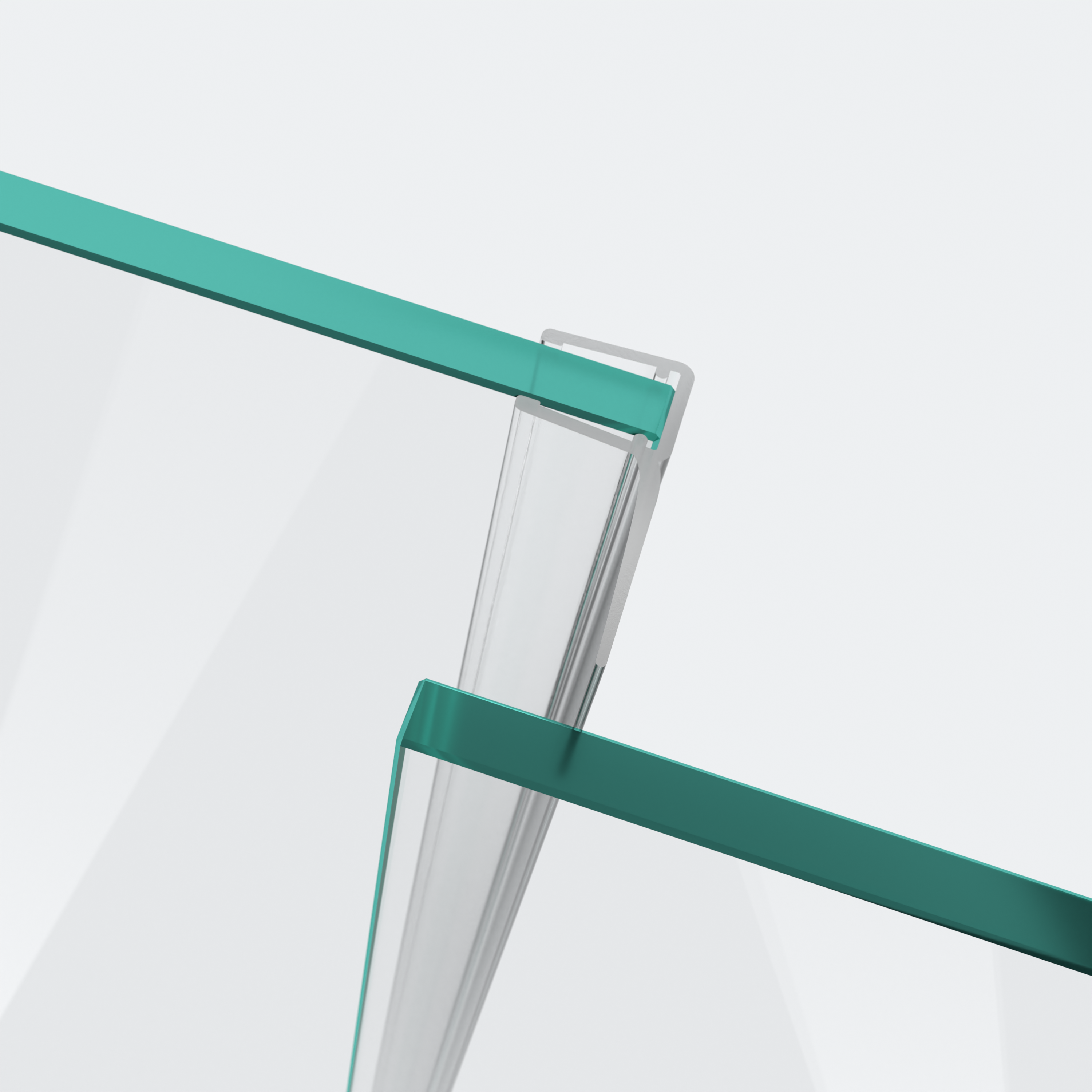 3D-Modell einer Schiebetürdichtung mit langem Abweiser für eine parallele 180°-Glas-an-Glas-Situation im Hintergrund