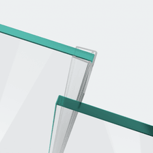 3D model of a sliding-door seal with a long deflector for a parallel 180° glass-to-glass situation in the background