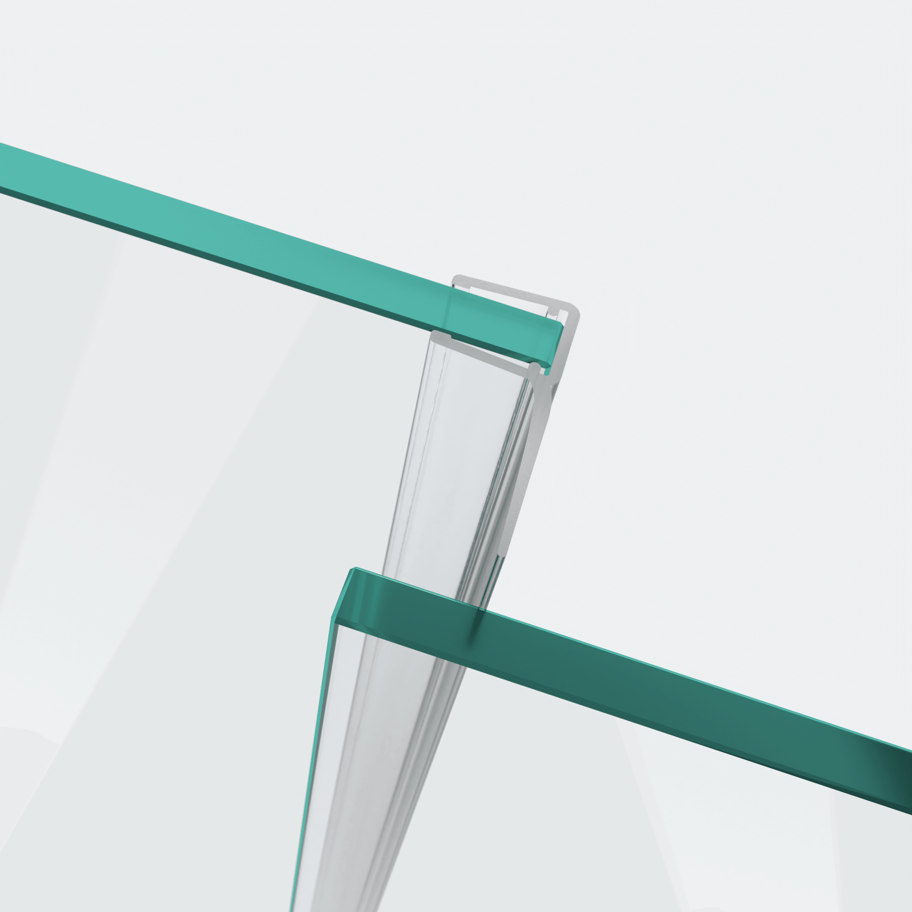 3D-Modell einer Schiebetürdichtung mit langem Abweiser für eine parallele 180°-Glas-an-Glas-Situation im Hintergrund