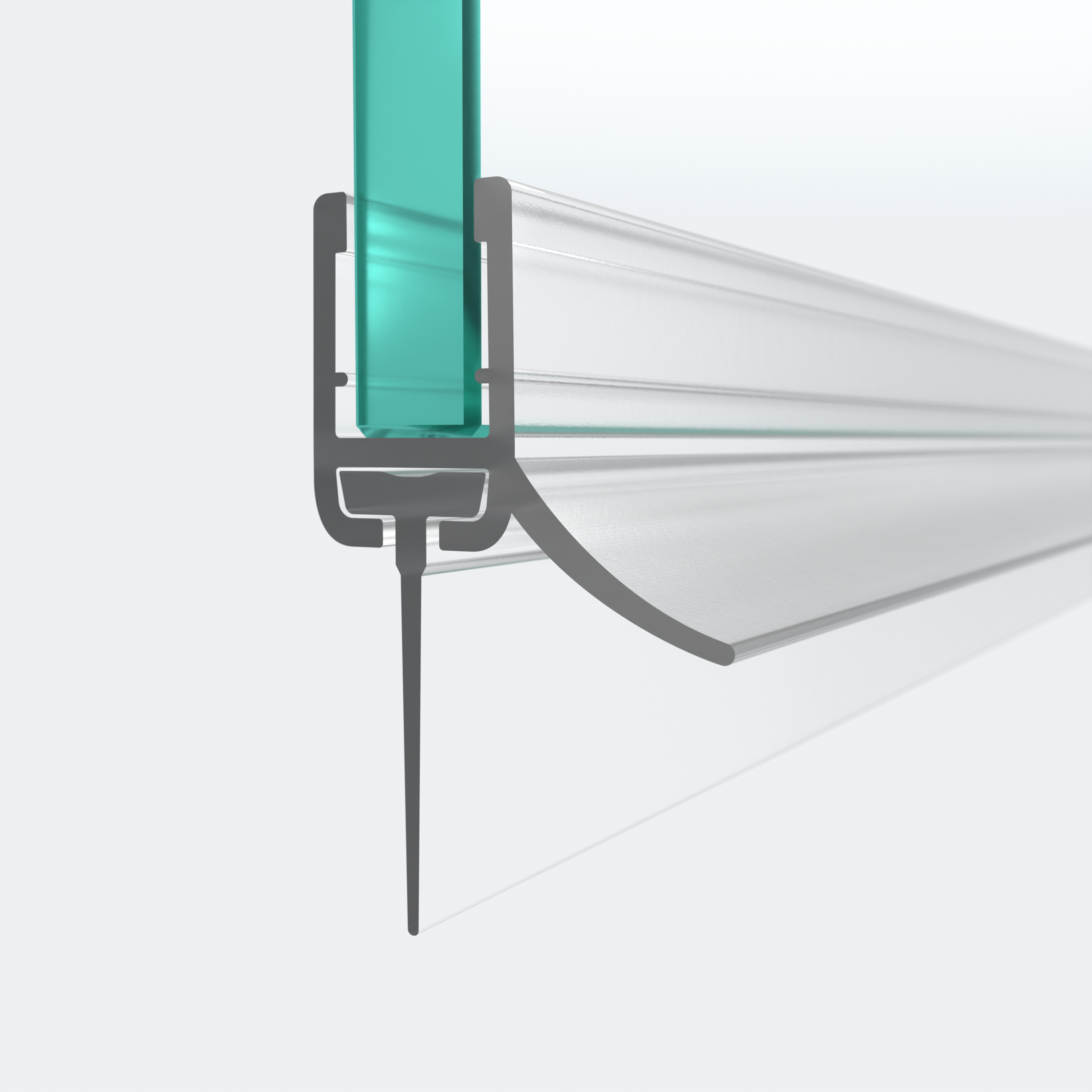 3D model of a sweep seal with a replaceable shower lip for 6mm glass thickness, 18.5mm high, for a 180° situation