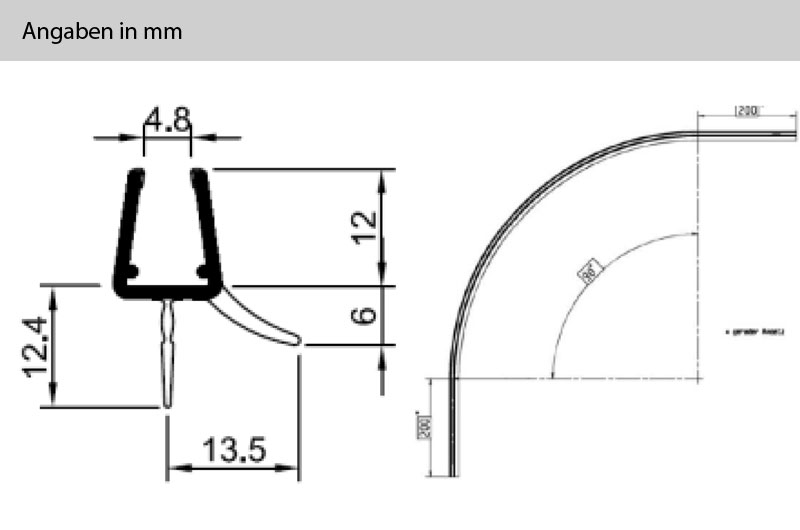 Technische Zeichnung einer vorgebogenen Schleiflippendichtung für 4-5mm Glasstärke