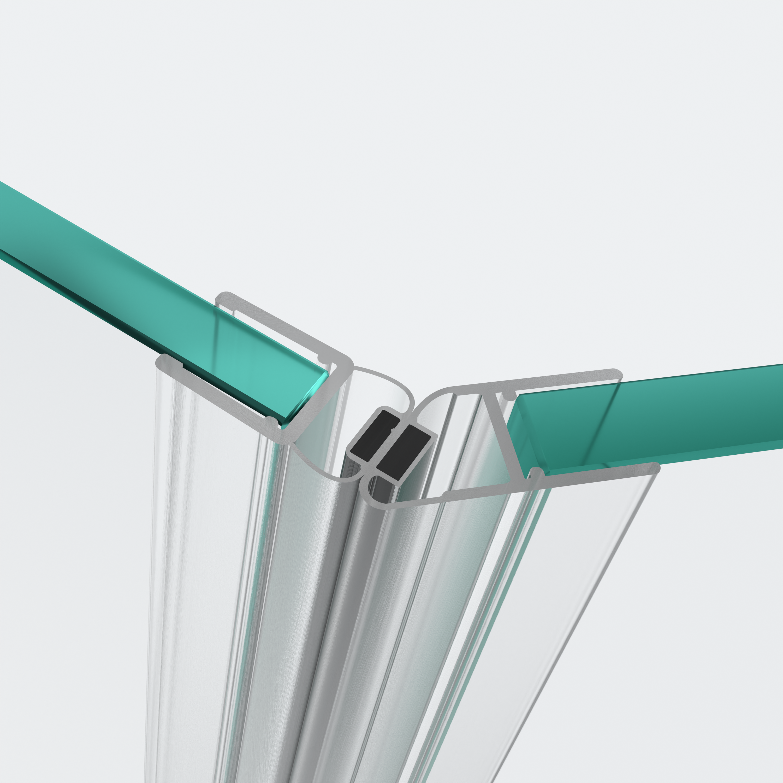 3D-Modell zweier 135°-Magnetschließleisten für eine 135°-Glas-an-Glas-Situation für 4-5mm-Glasstärke